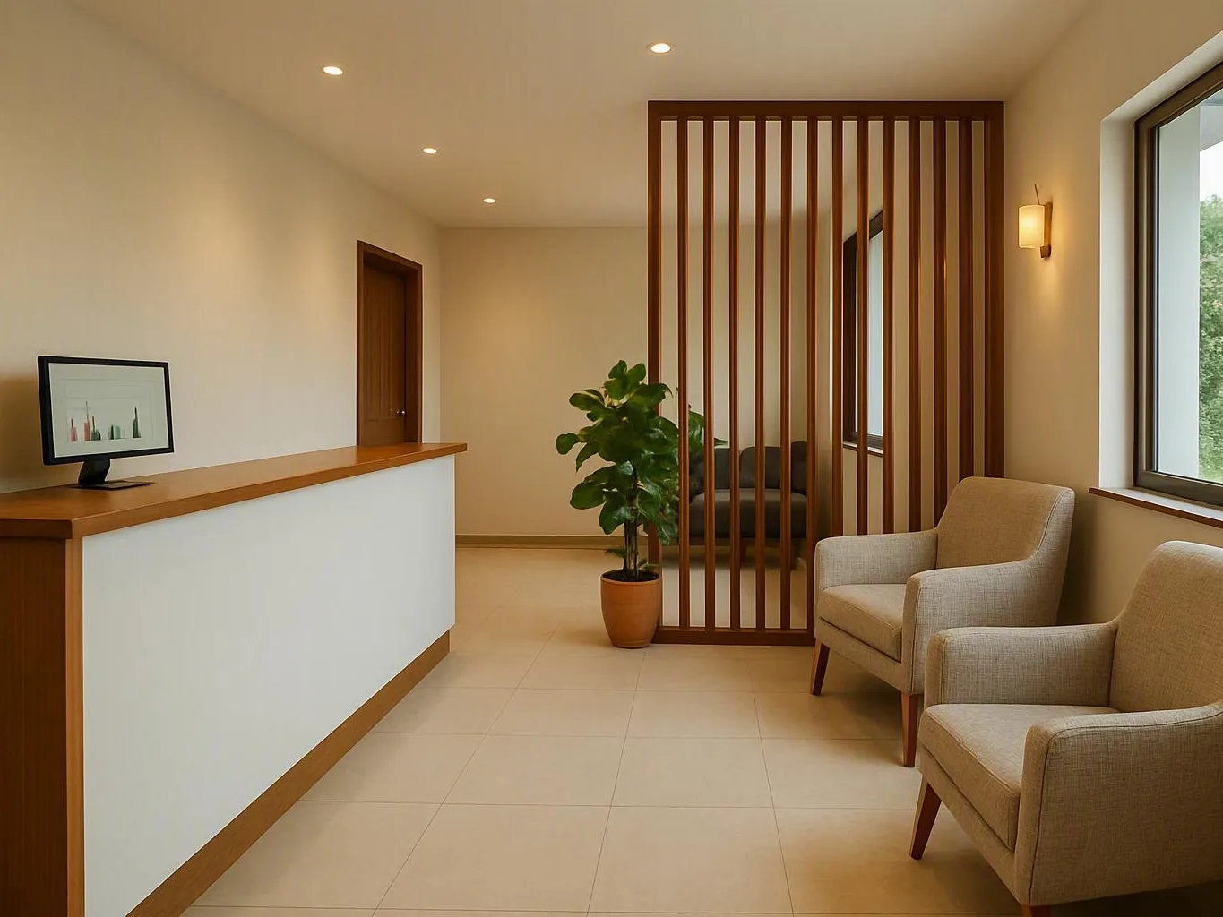 Quiet rehabilitation centre reception area with a wooden desk, beige chairs
