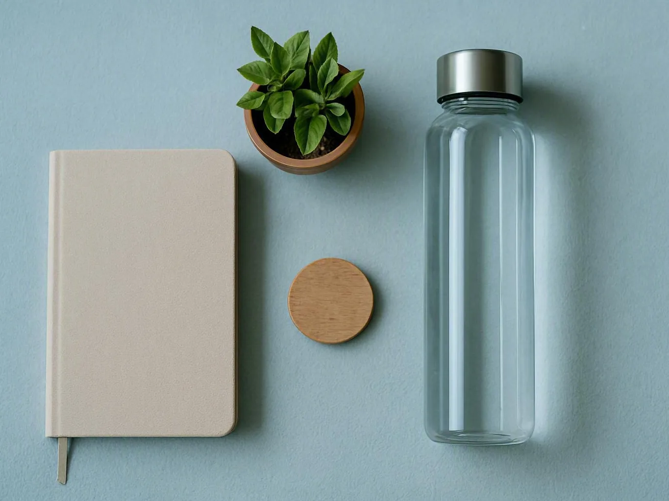 Notebook, potted plant, wooden coaster, and water bottle arranged on a blue background