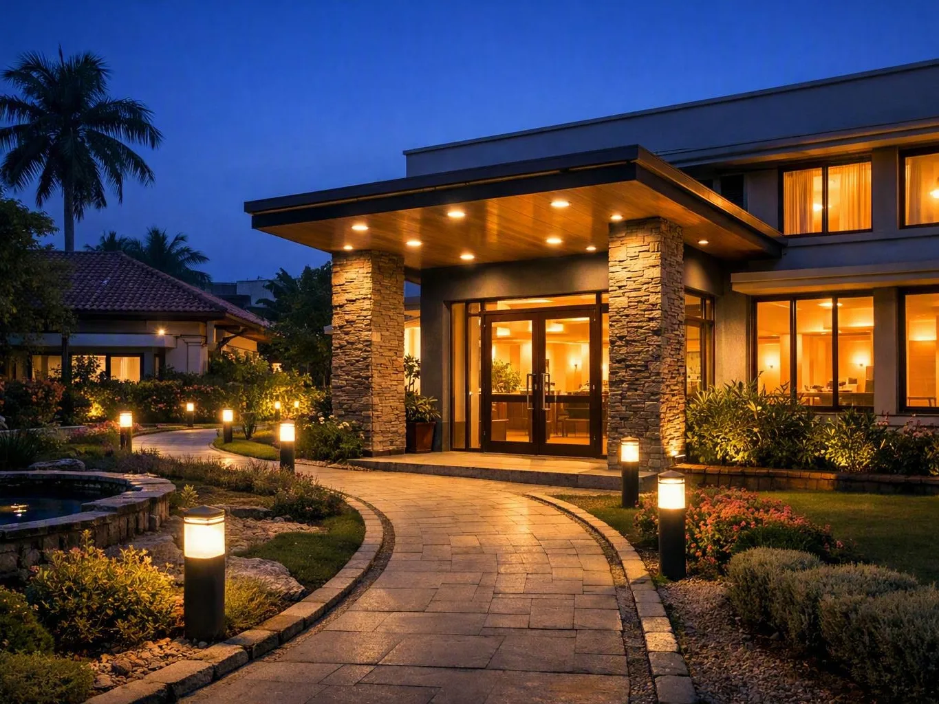 Lit modern house entrance beside a curved garden path at dusk