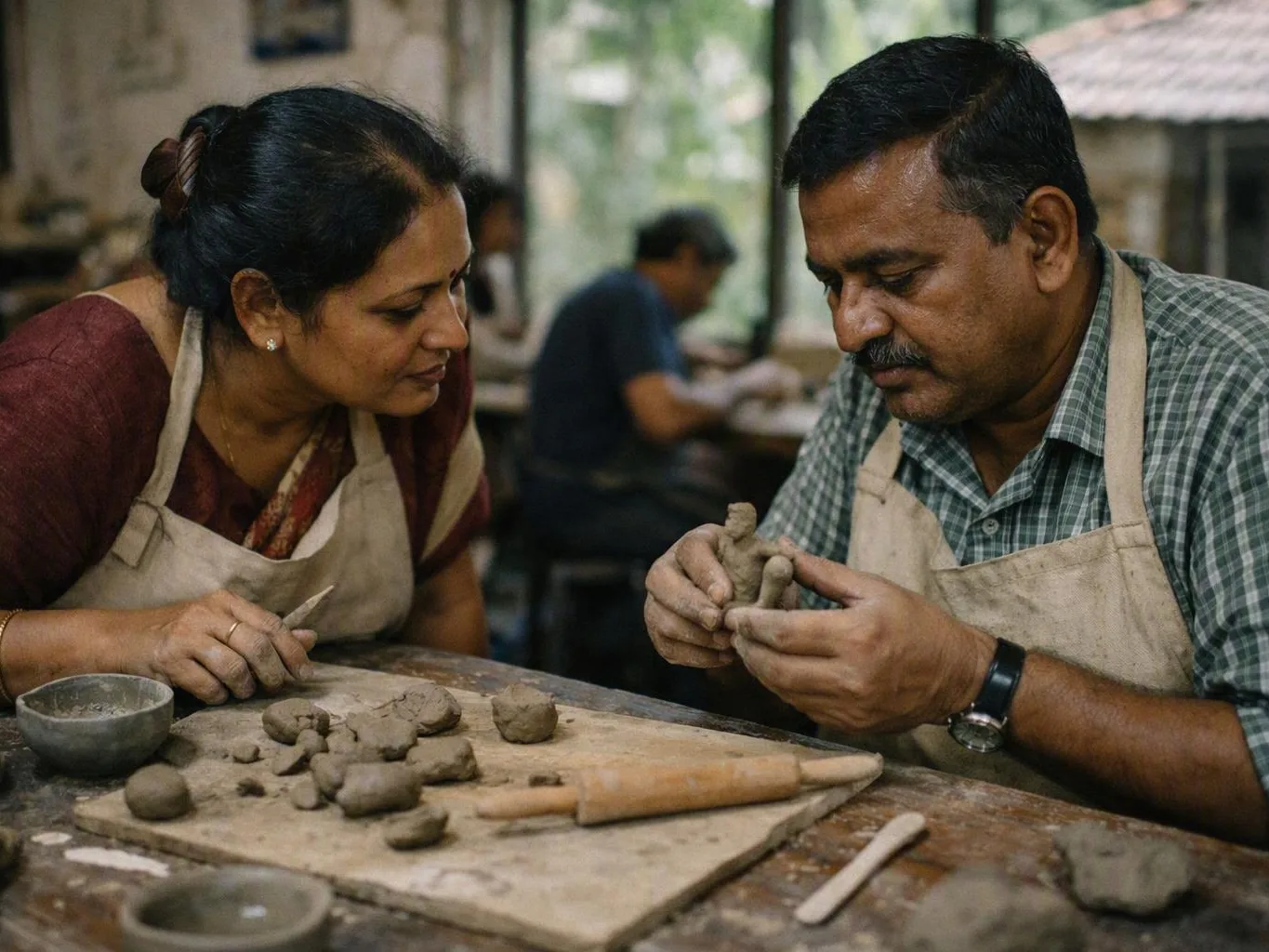 Two people in aprons shape clay together at a pottery workshop table