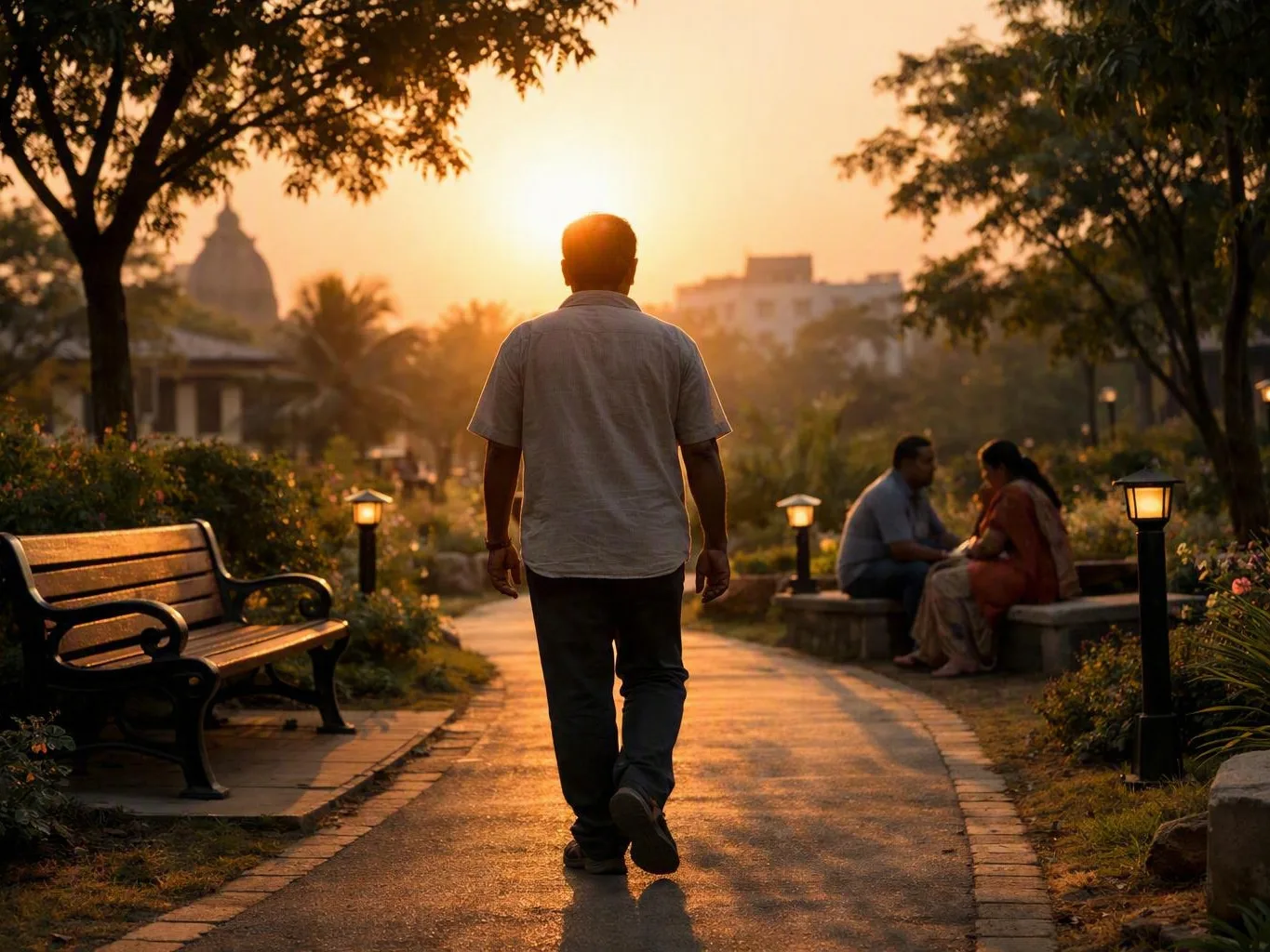 Man walking along a sunset park path near benches, lamps, and seated visitors