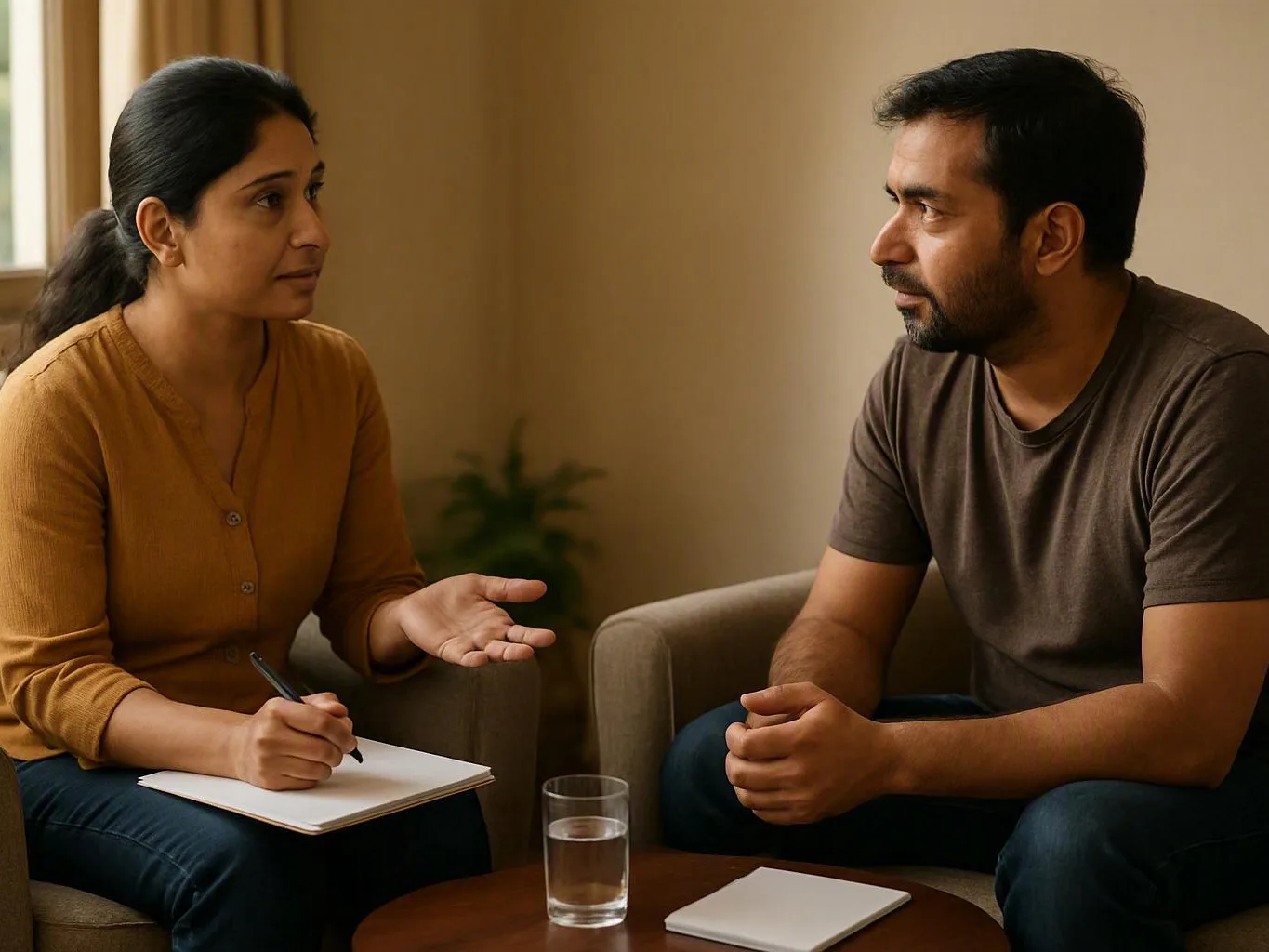 Woman taking notes while speaking with a man across a small table
