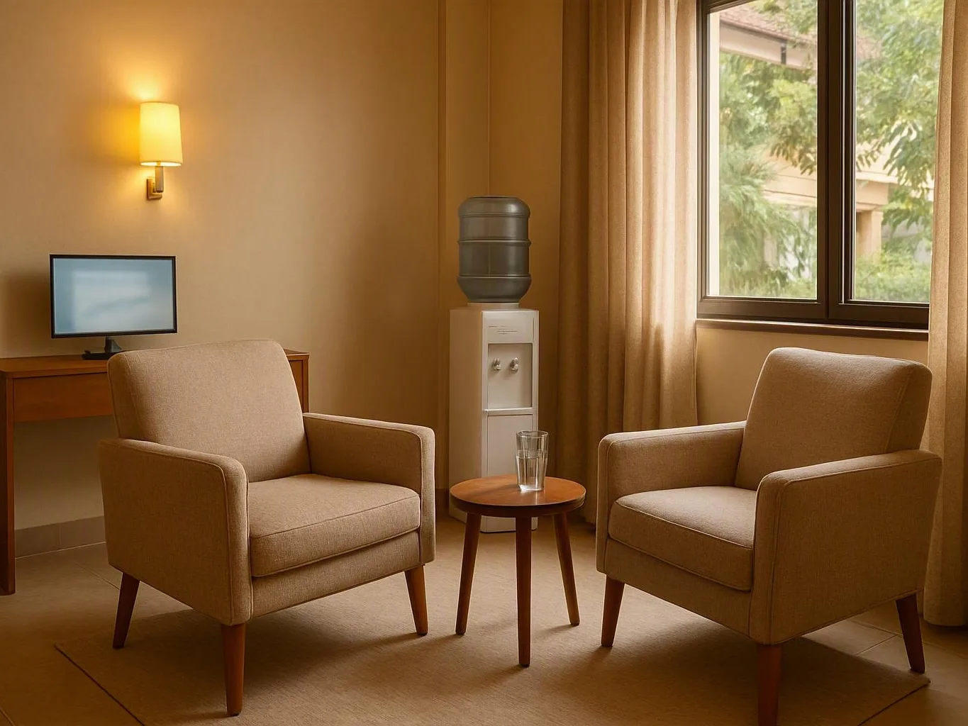 Two armchairs and a small table beside a water cooler in a bright room