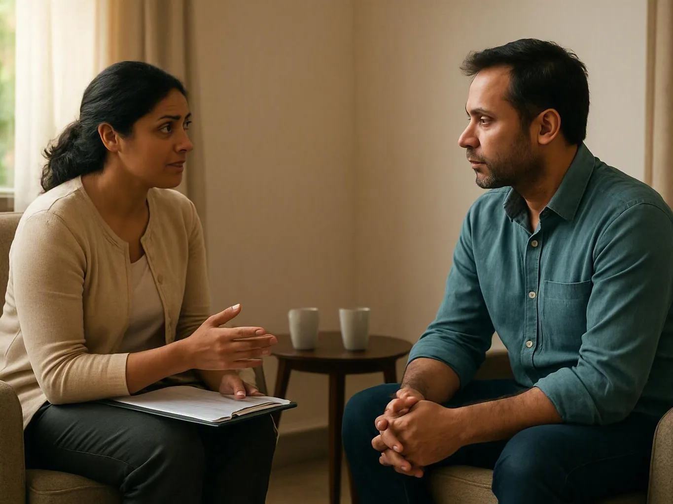 Woman speaking with a seated man in a quiet counselling room with notebooks and