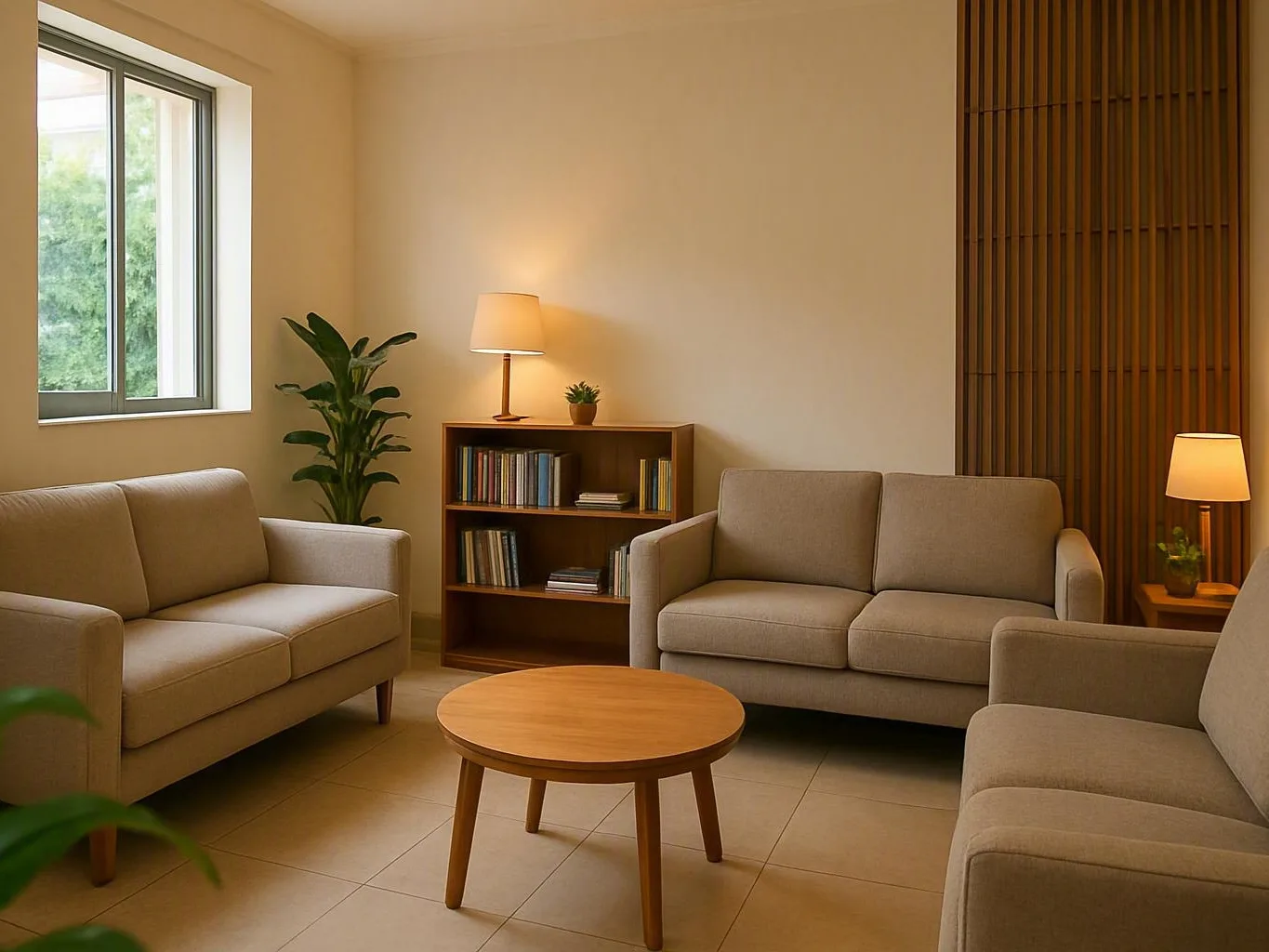 Comfortable living room with sofas, bookshelves, lamps, plants, and a round