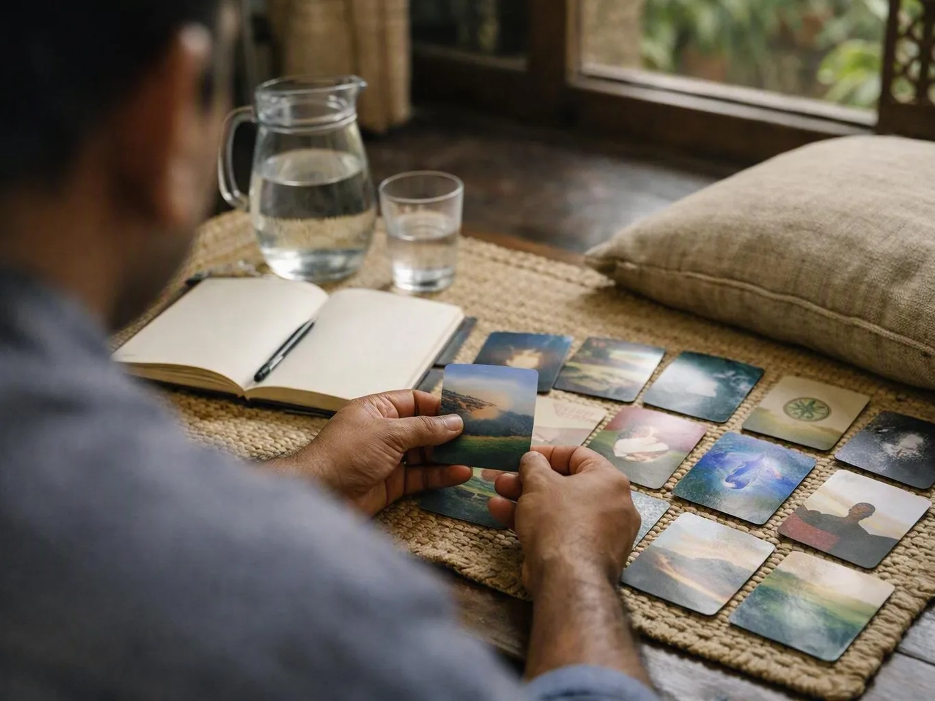 Person holding a photo card at a table with additional cards, notebook, and