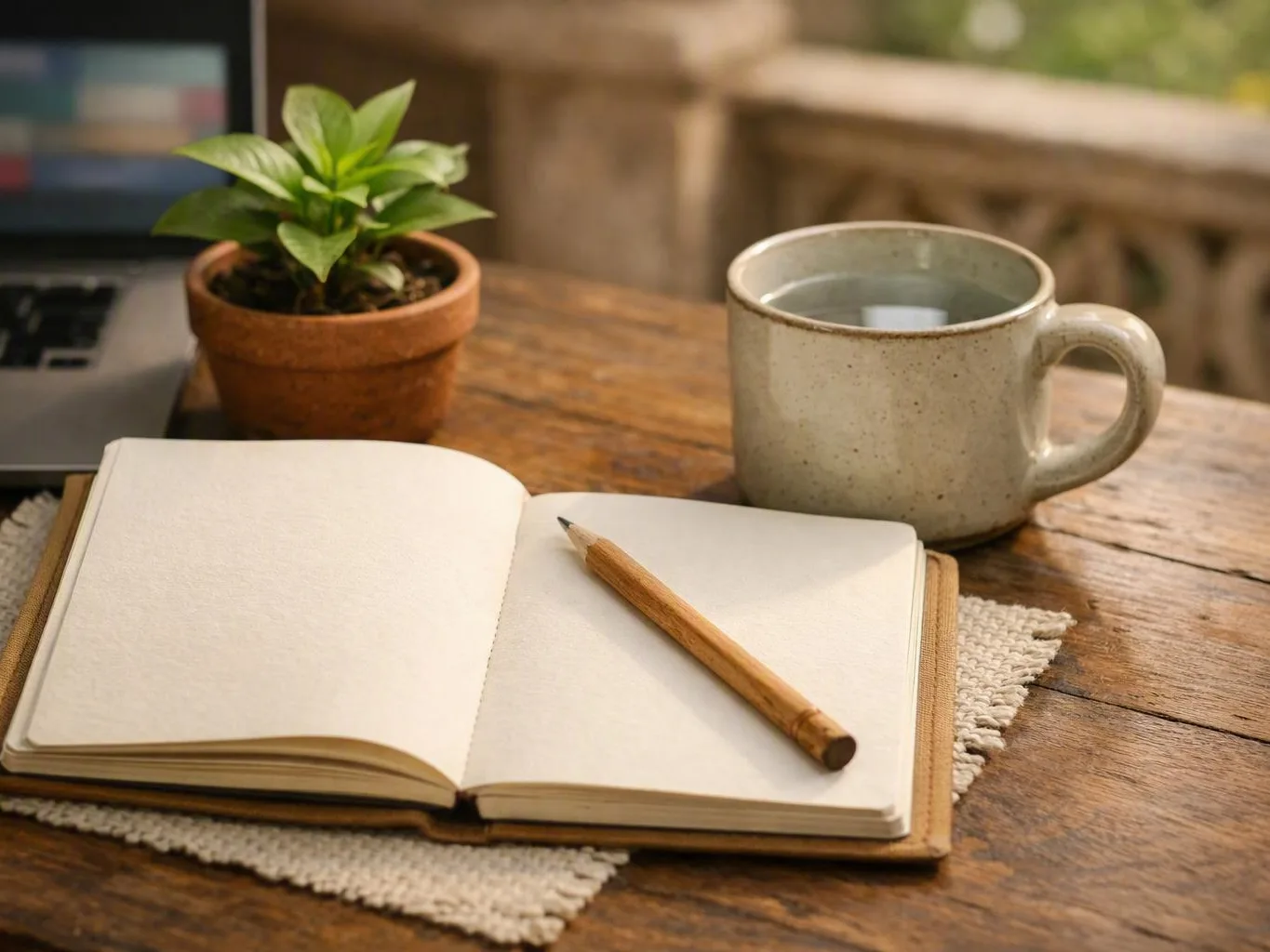 Open notebook and pencil beside a mug and potted plant on a wooden table