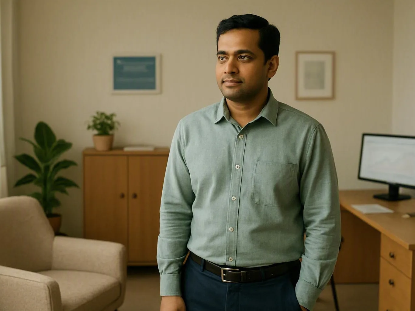 Man in a green shirt standing inside a tidy office with plants and furniture