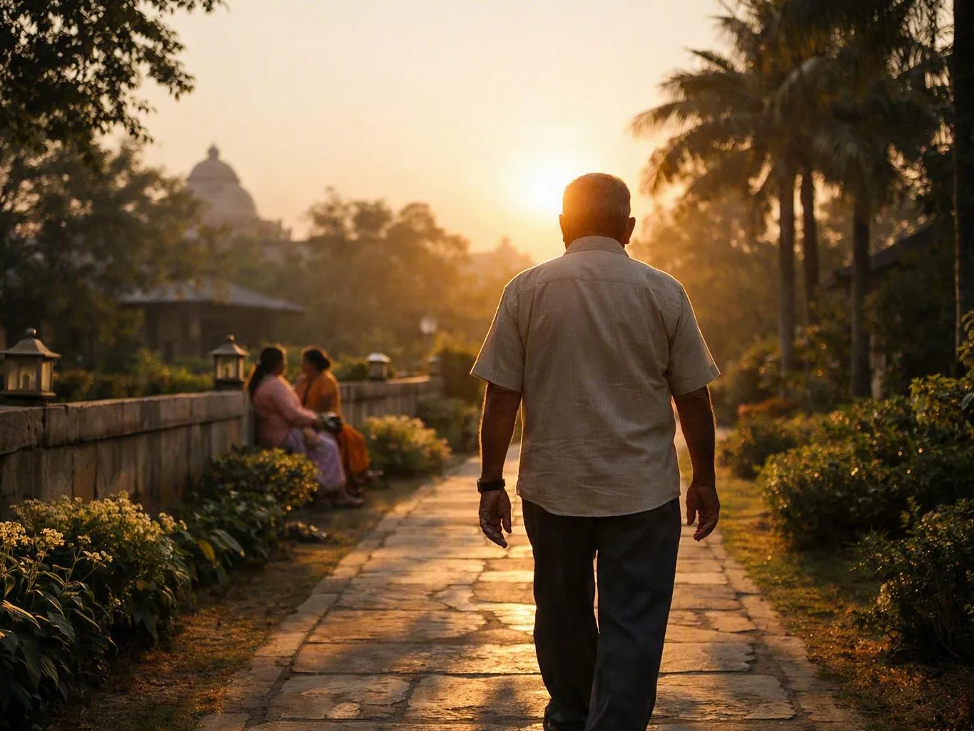 Older man walking along a sunlit garden path while two women sit nearby