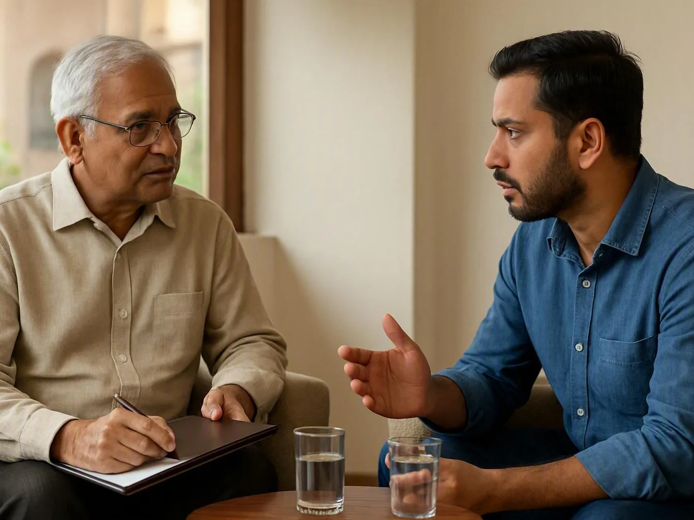 Older man taking notes as a younger man gestures during a conversation