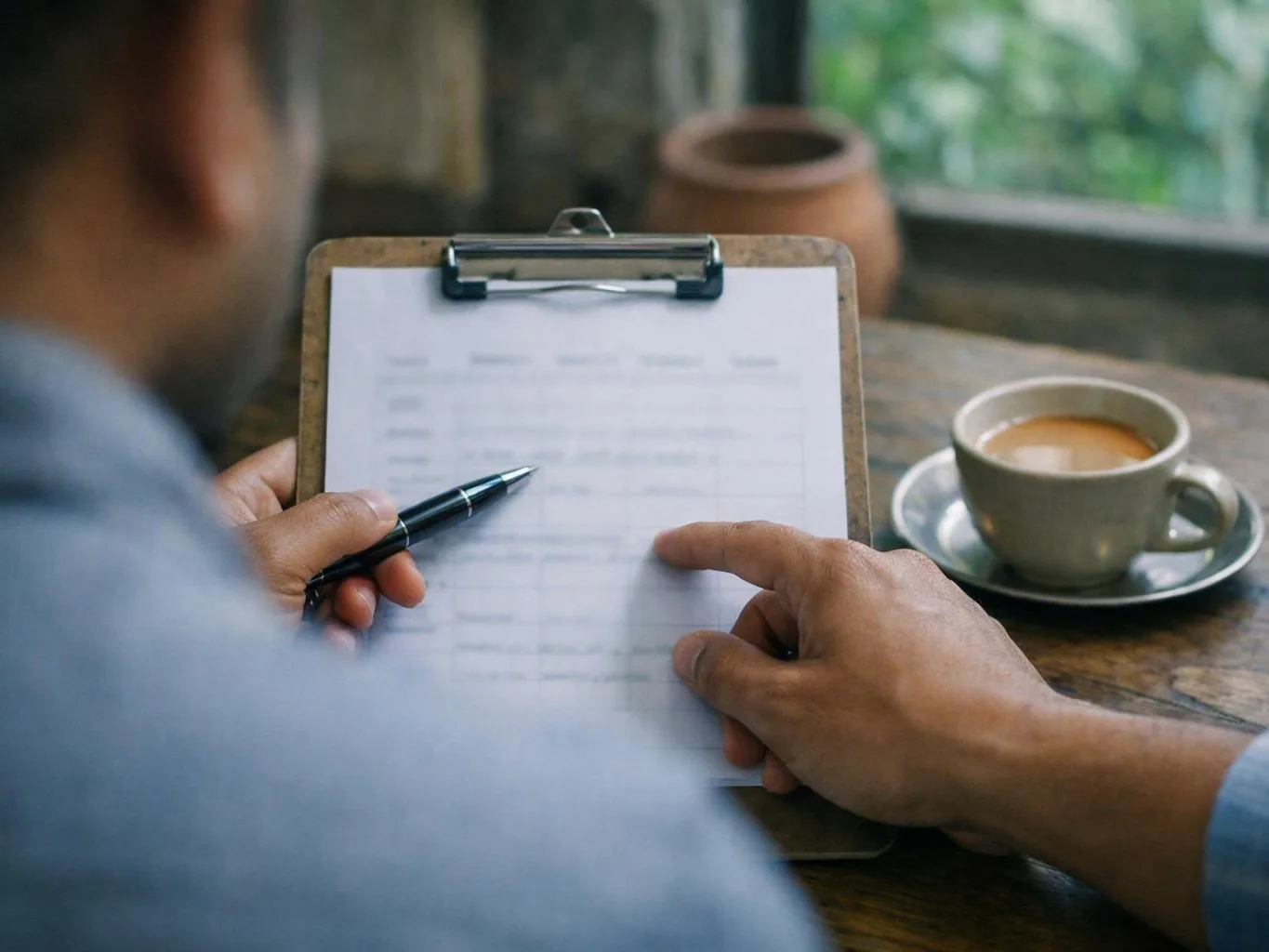 Person pointing at a clipboard form beside a cup of coffee on a wooden table