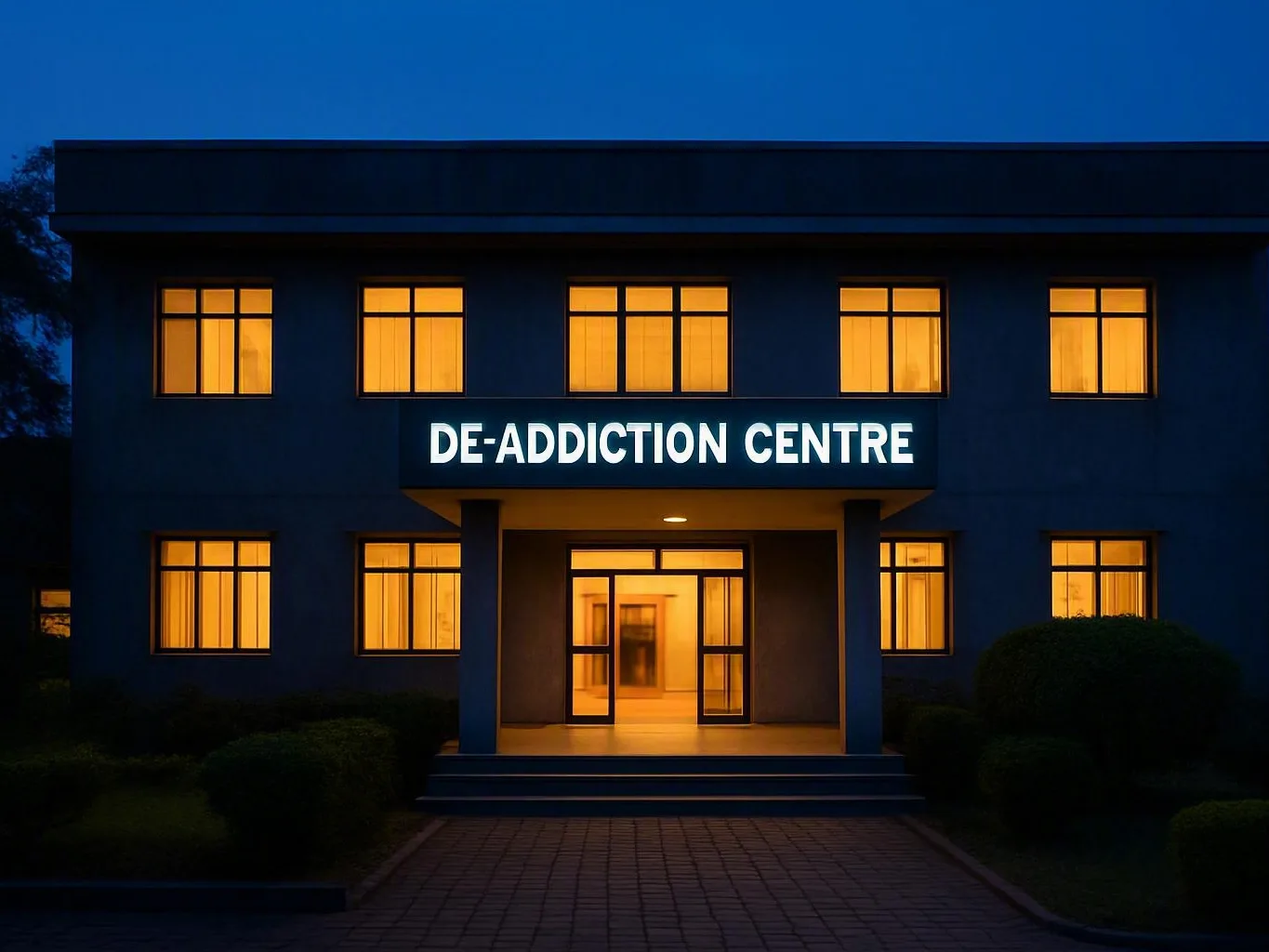 Two-story building at dusk displaying a DE-ADDICTION CENTRE sign above its