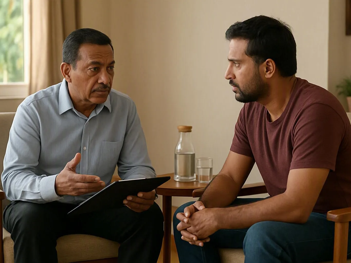 Two men sit face to face in a living room, one speaking while the other listens closely