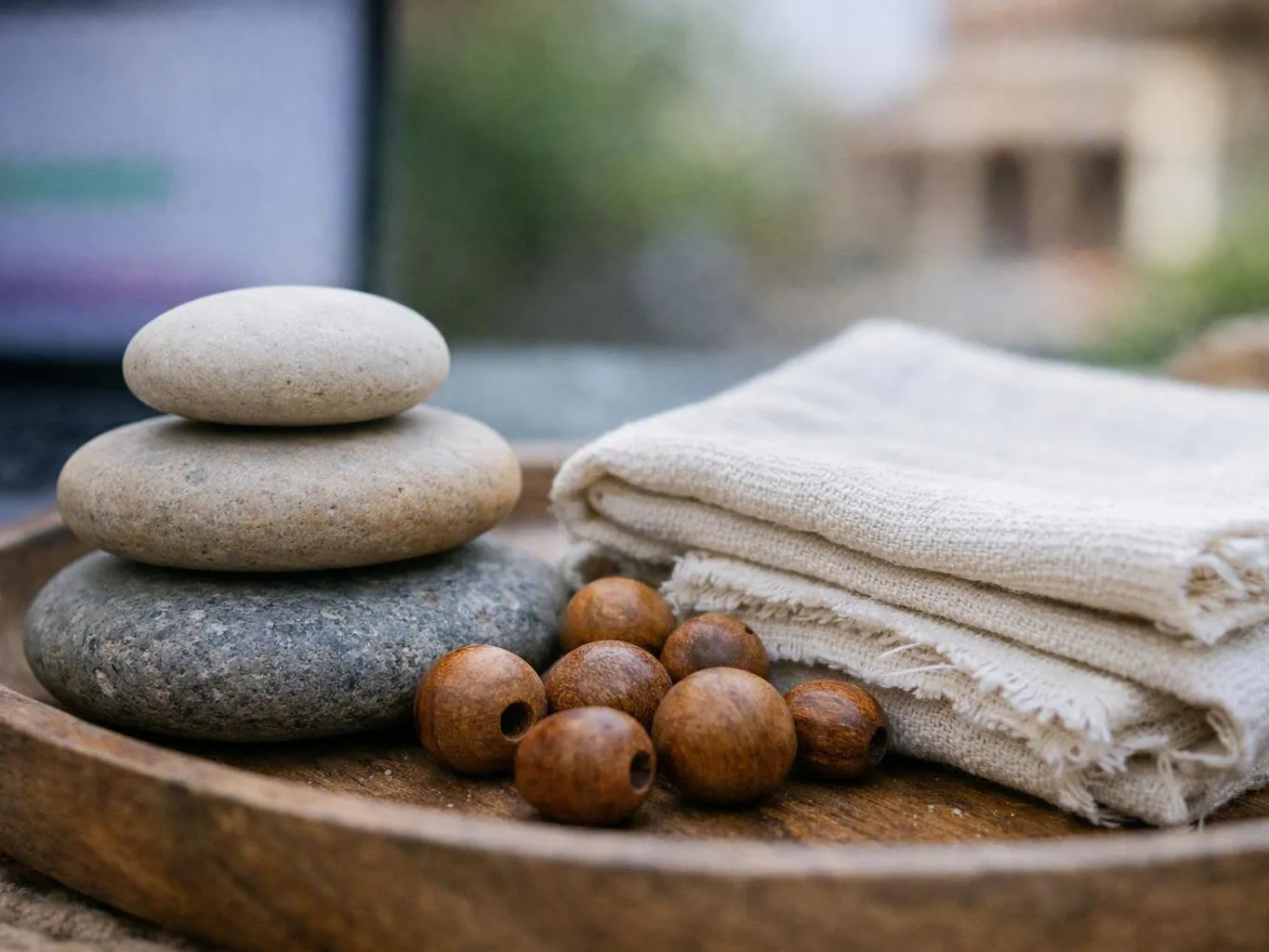 Stacked smooth stones, folded white towels, and wooden beads arranged on a wooden tray