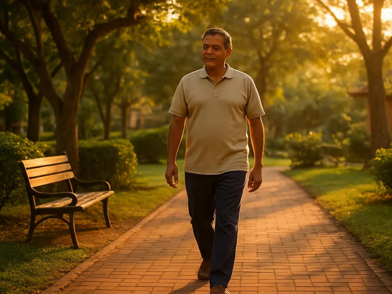Man walking along a brick park path beside trees and a bench at sunset