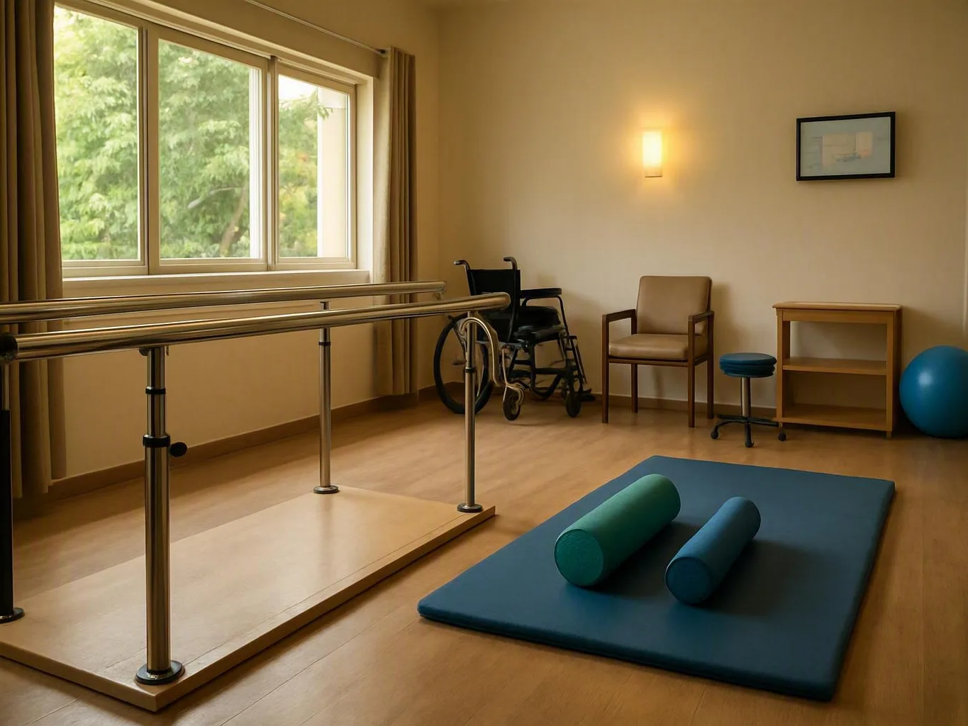 Quiet therapy room with parallel bars, wheelchair, exercise mats, and sunlit