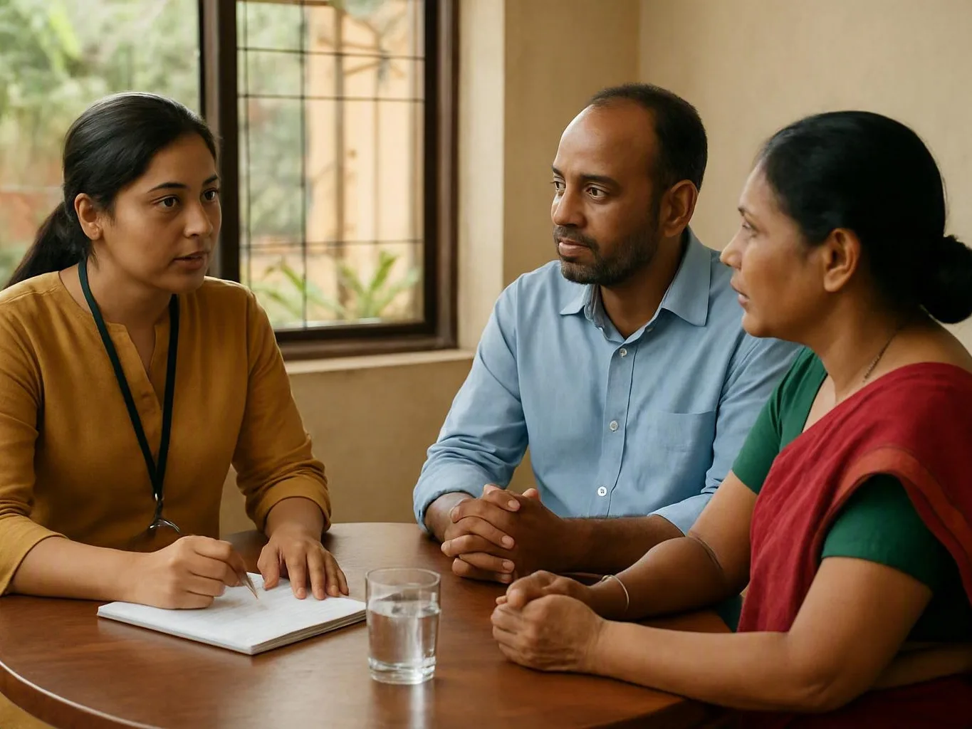 Three adults seated at a table during a quiet indoor discussion, one woman