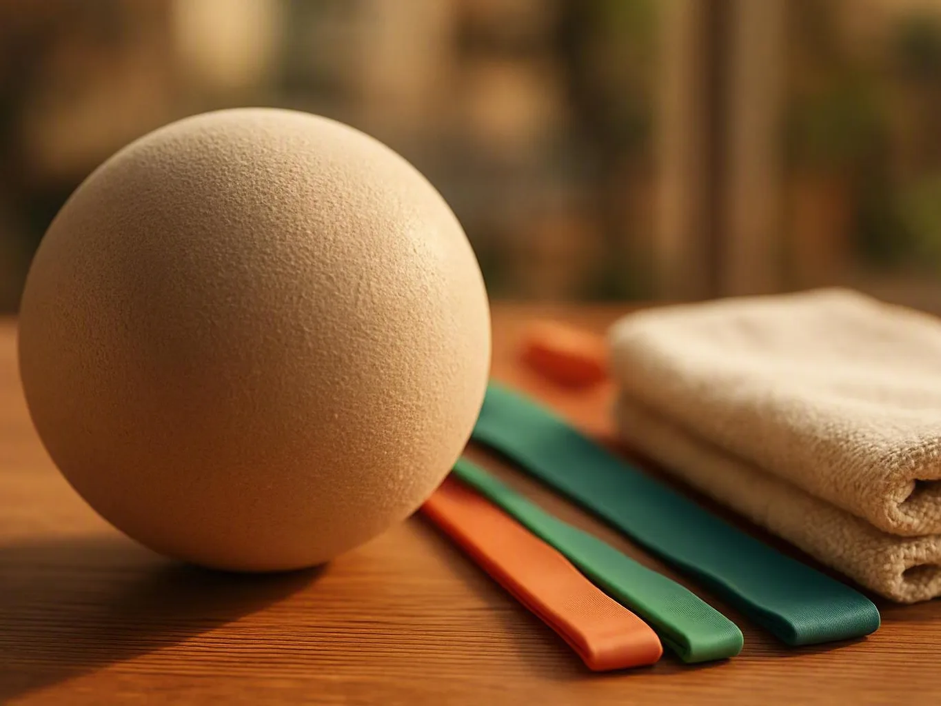 Textured beige exercise ball beside folded towels and colourful resistance bands