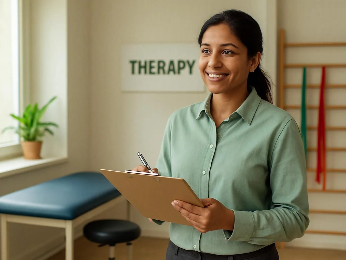 Smiling woman holding a clipboard in a therapy room with a treatment table