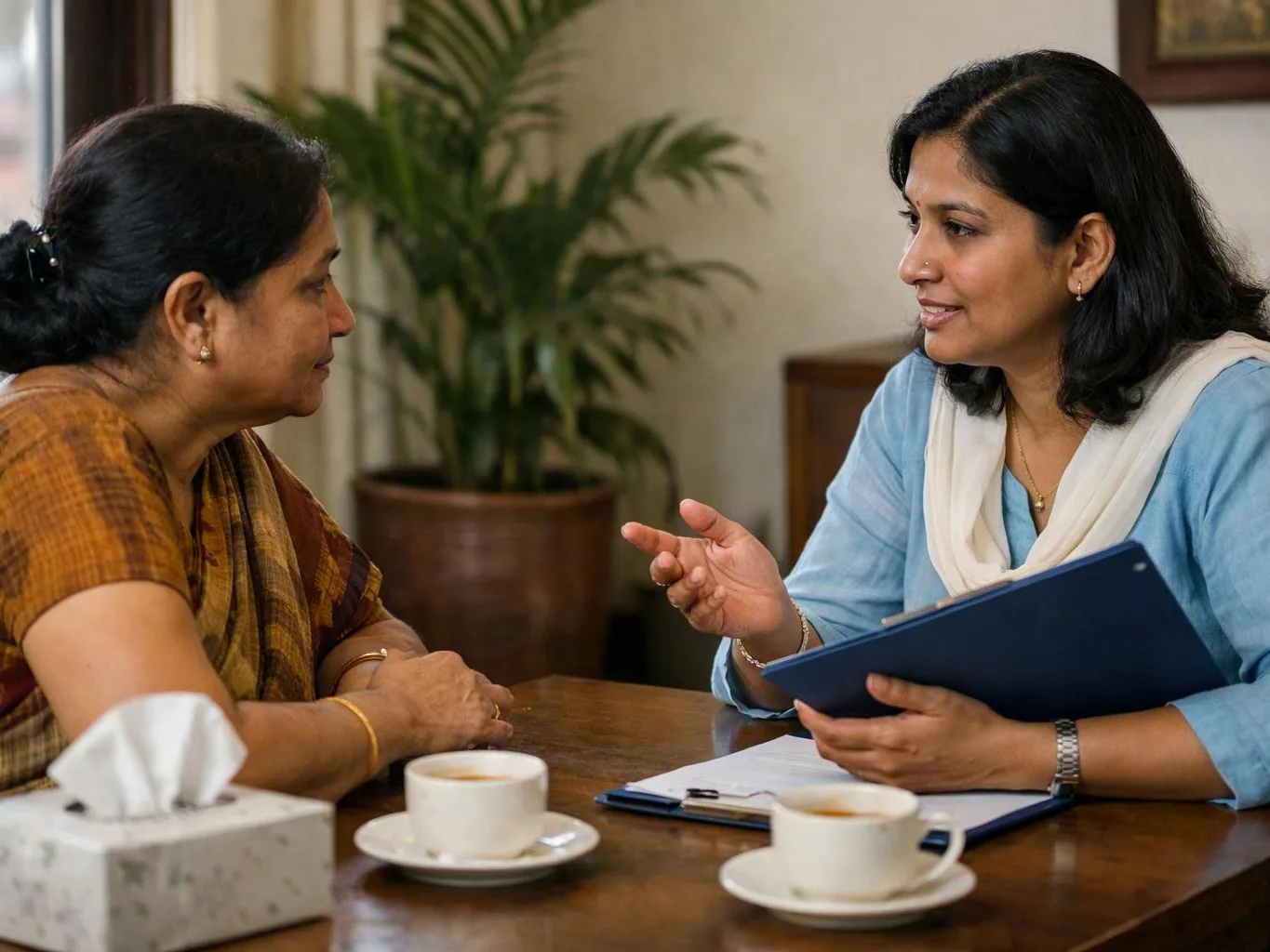 Two women discussing care at a table while one holds a blue folder
