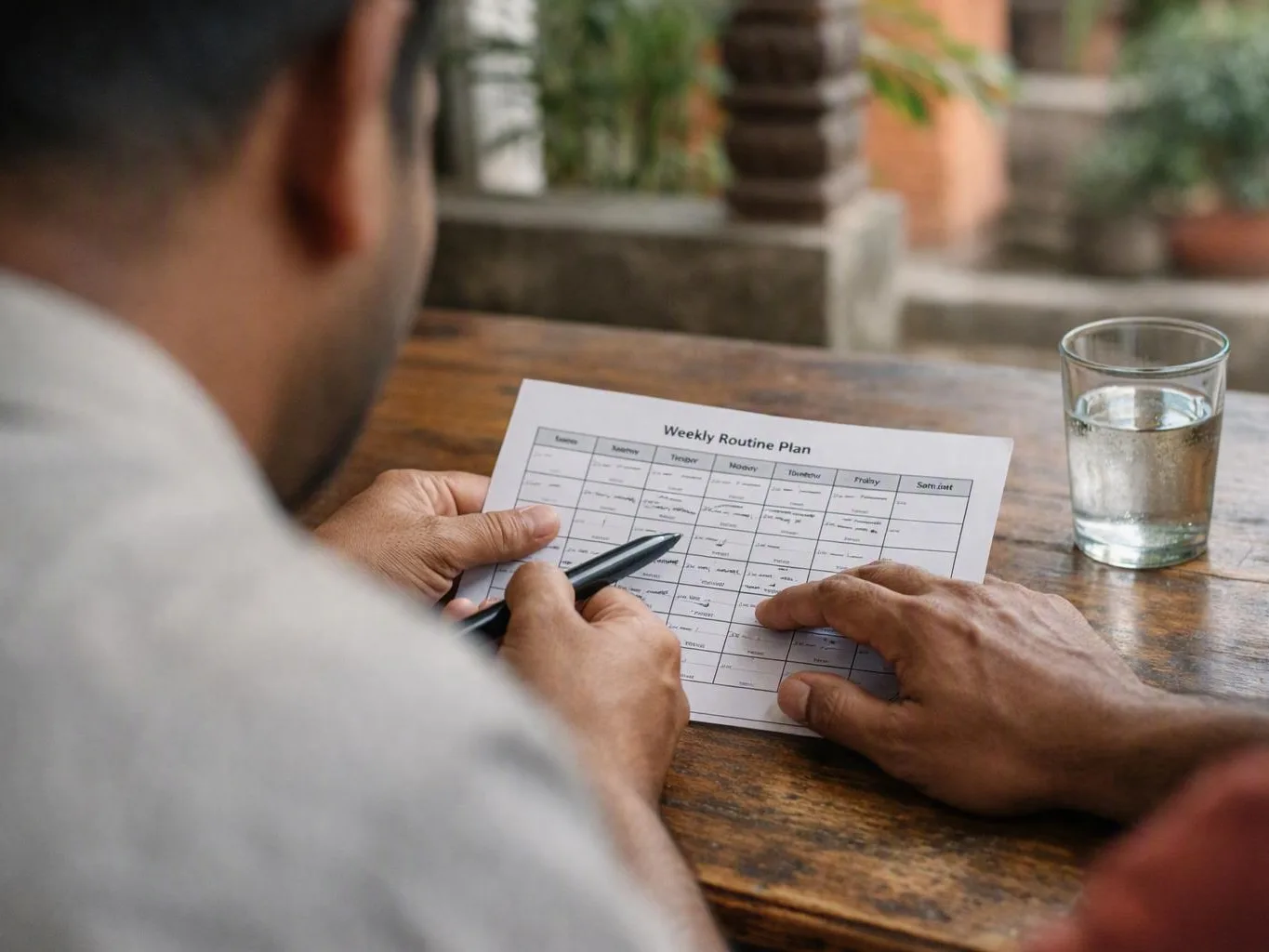 Man reviewing a weekly routine plan at a wooden table beside a glass of water