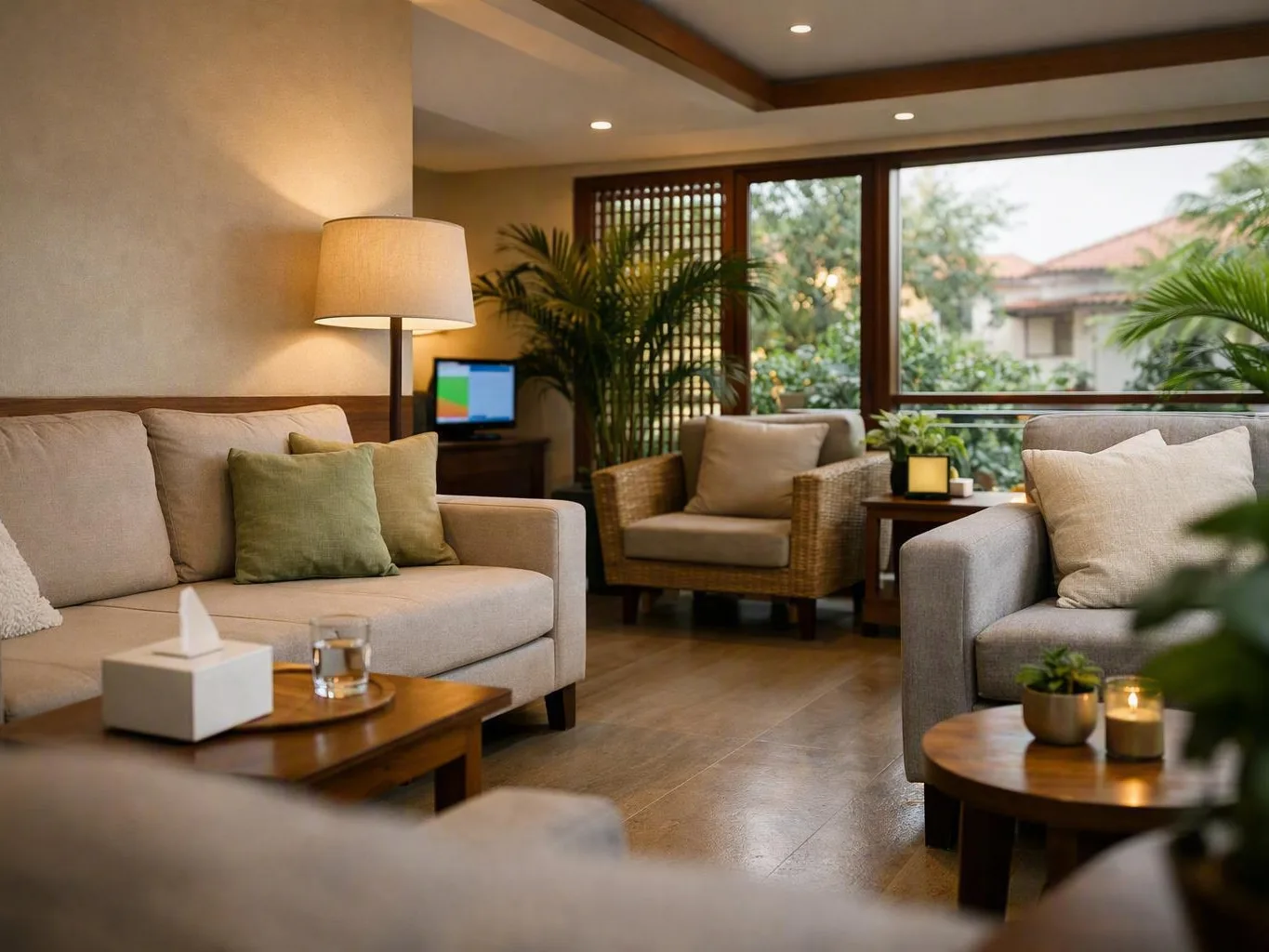 Comfortable lounge with beige sofas, lamps, and large windows overlooking