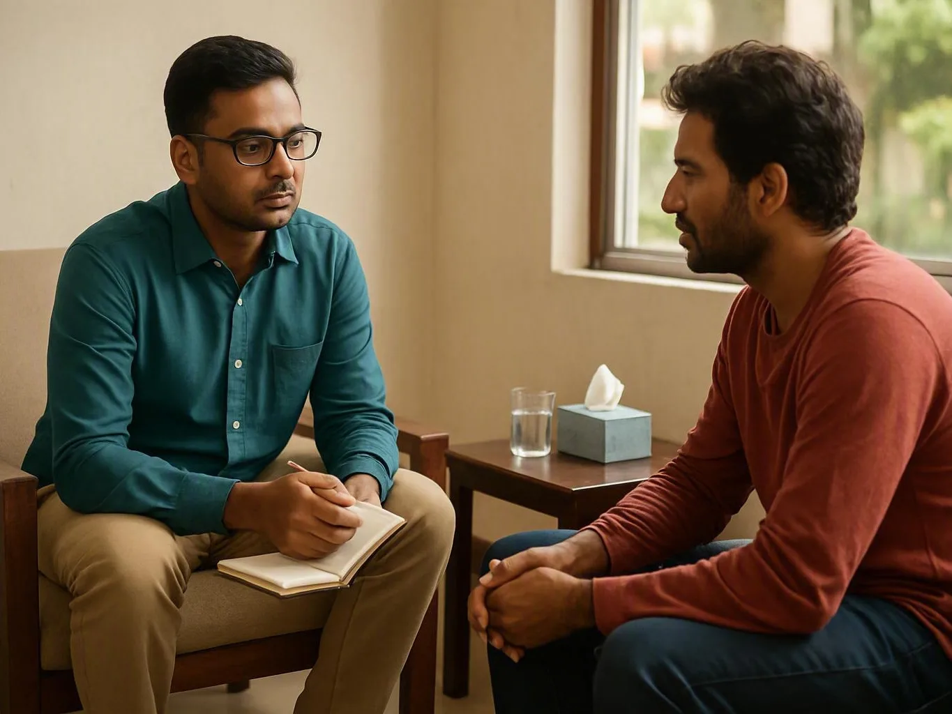 Two men meeting in a calm room, one taking notes beside a window