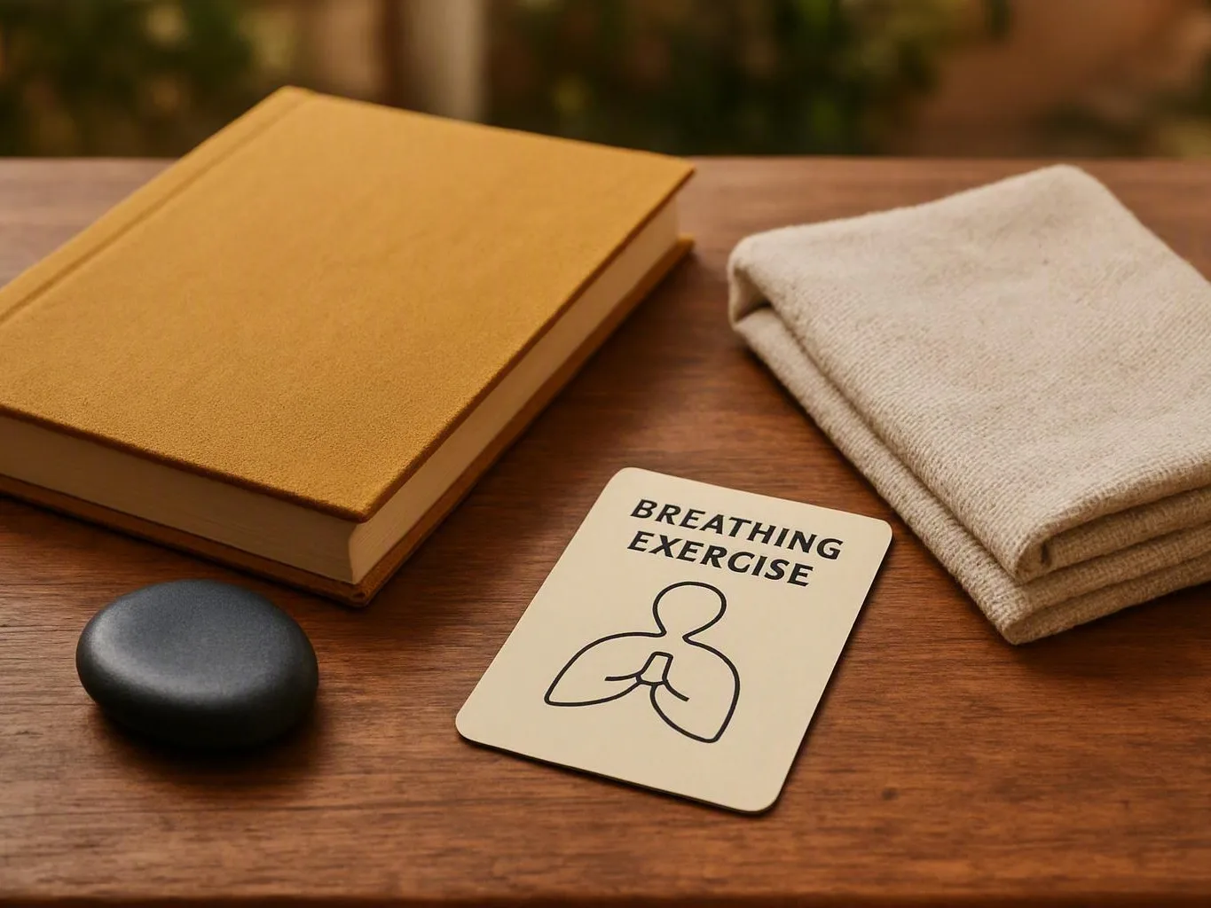Breathing exercise card and wellness objects arranged on a wooden table
