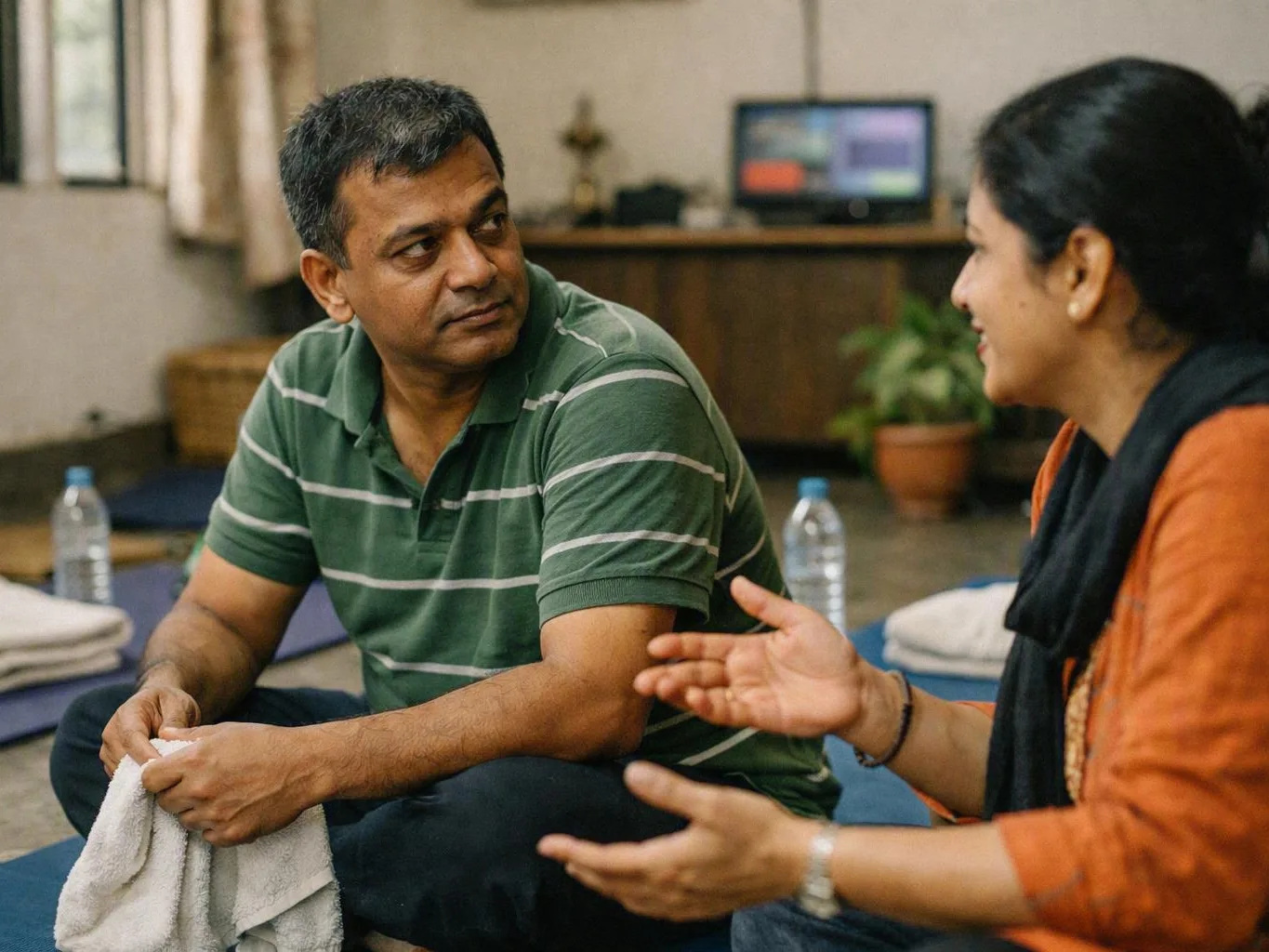 Man and woman talk on floor mats with water bottles and folded towels nearby