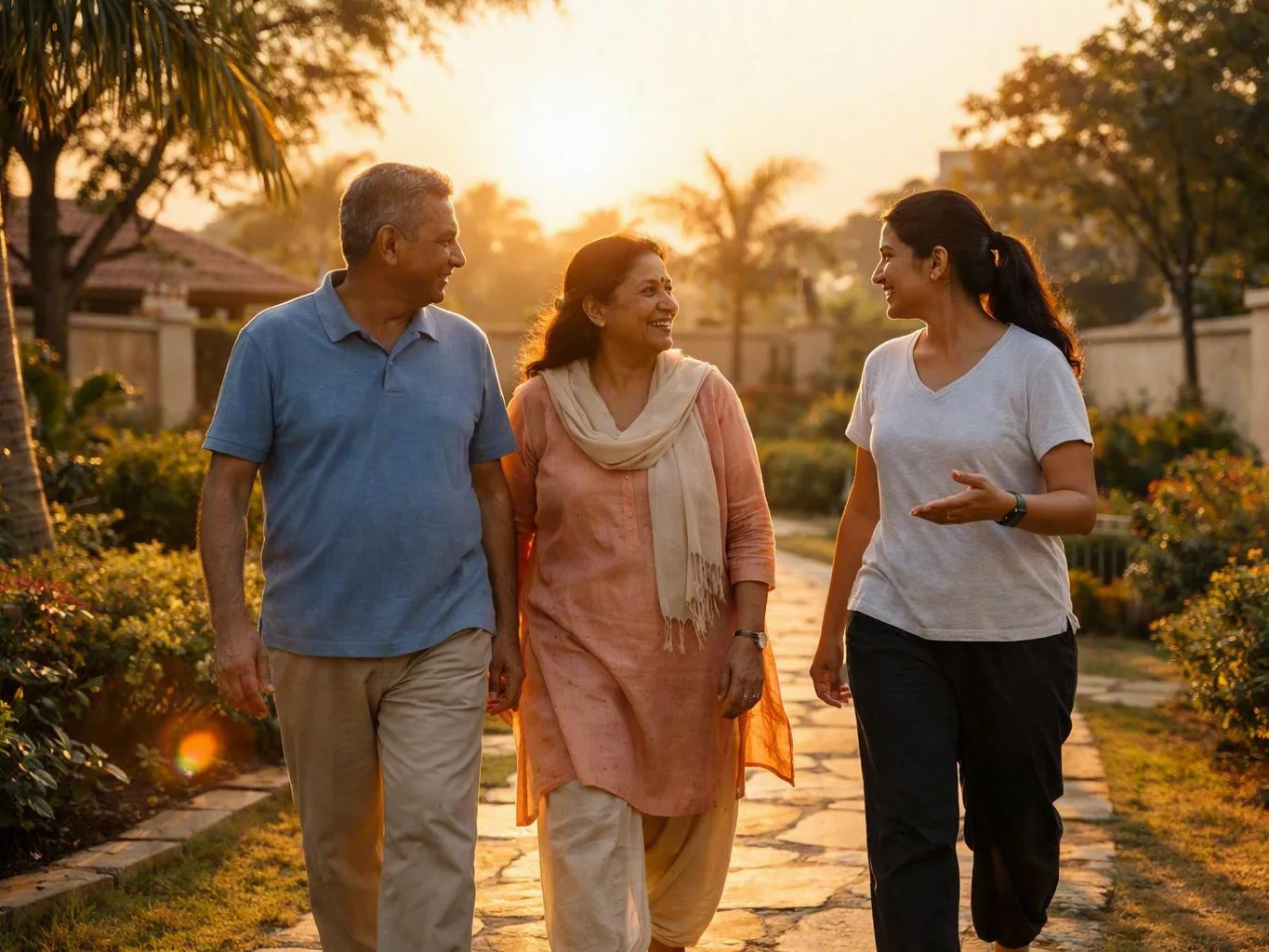Three adults walk and talk together along a sunlit garden path at sunset
