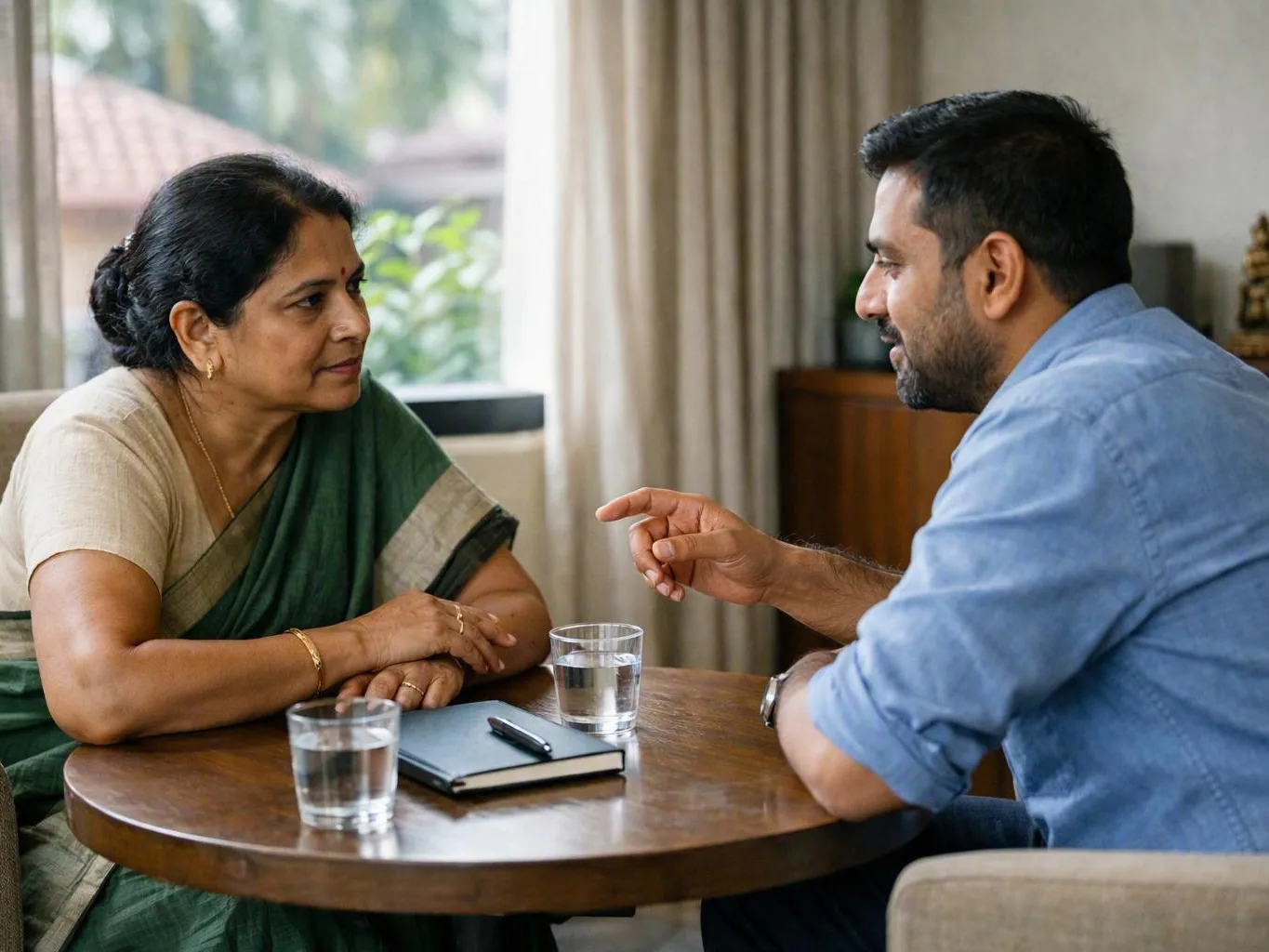 Woman and man discuss recovery across a small table with water glasses and
