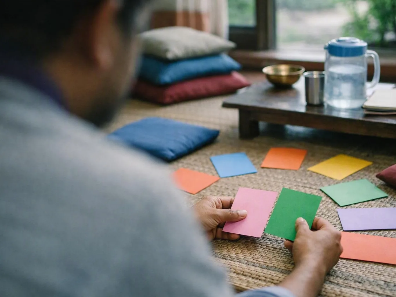 Person sorting colorful cards on a mat beside cushions, a low table, and a water pitcher