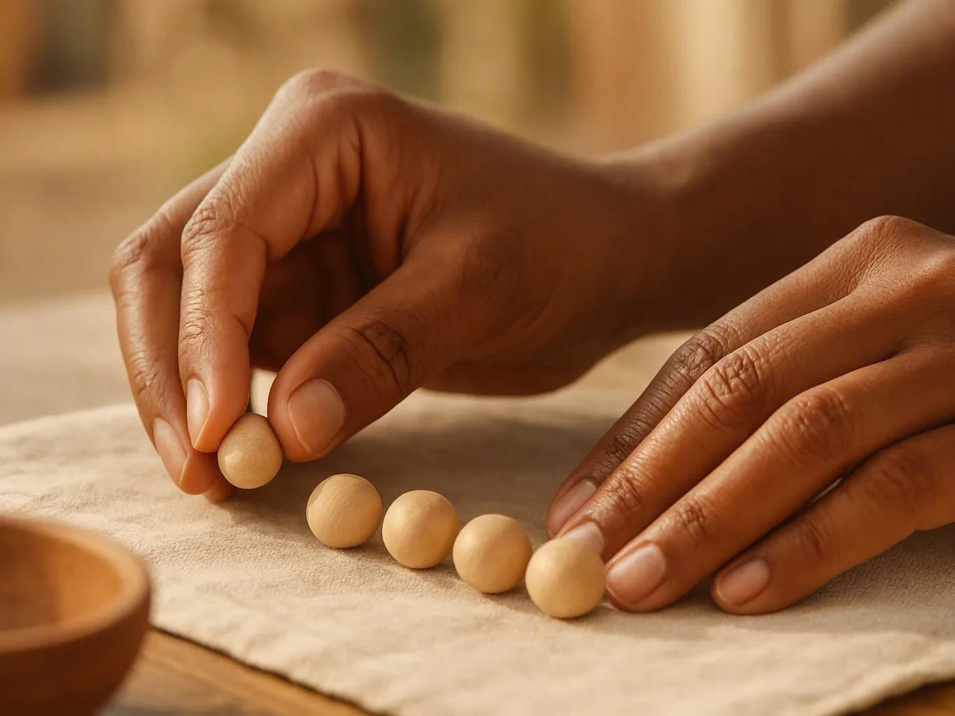 Hands arrange small wooden beads on a beige cloth during a quiet mindfulness