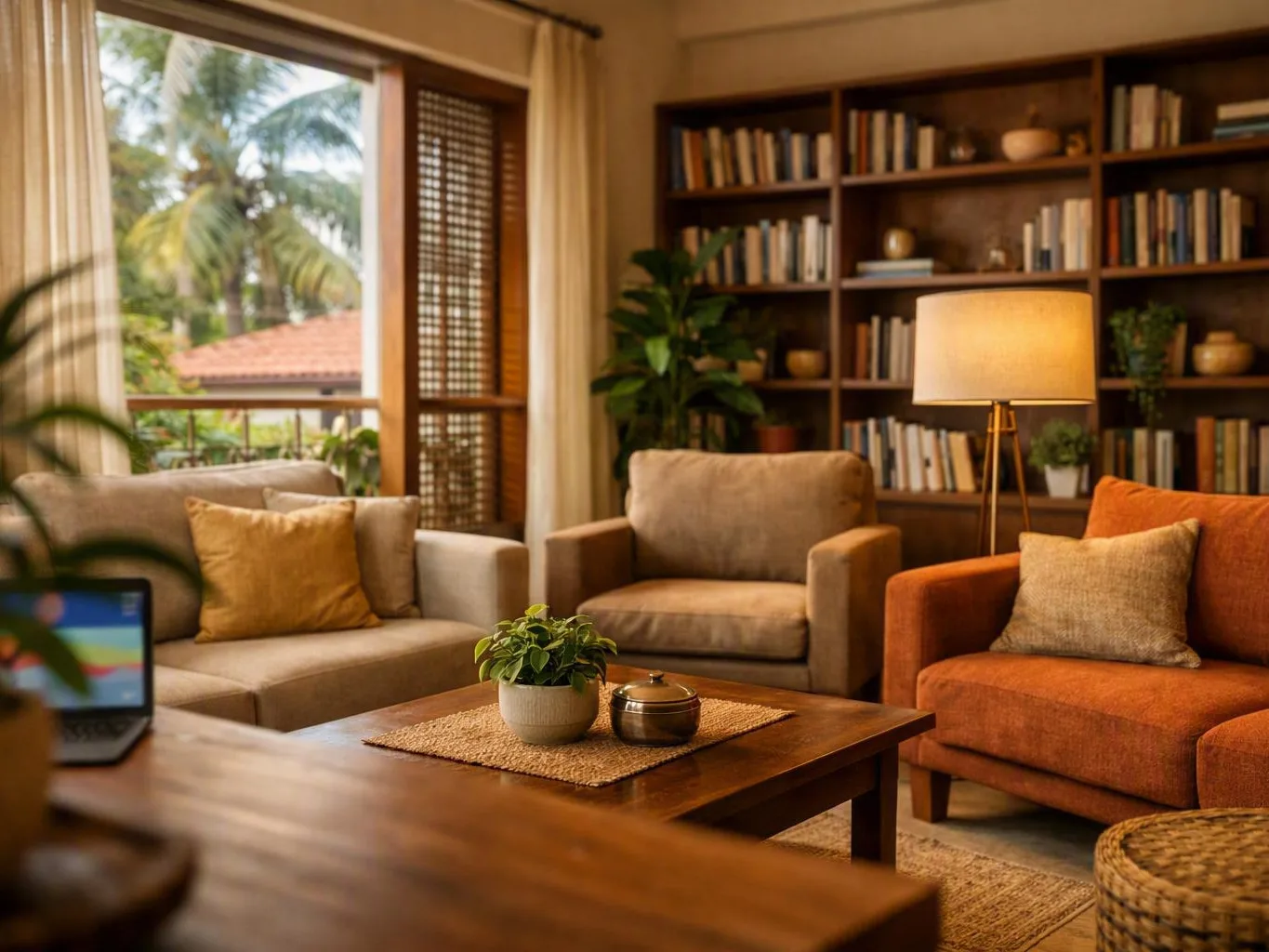 Comfortable rehabilitation center living room with chairs, bookcase, lamp, and