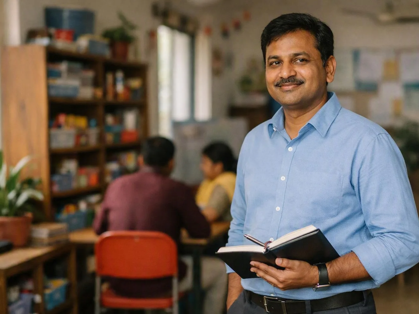 Smiling man holds an open notebook in a classroom with other students seated