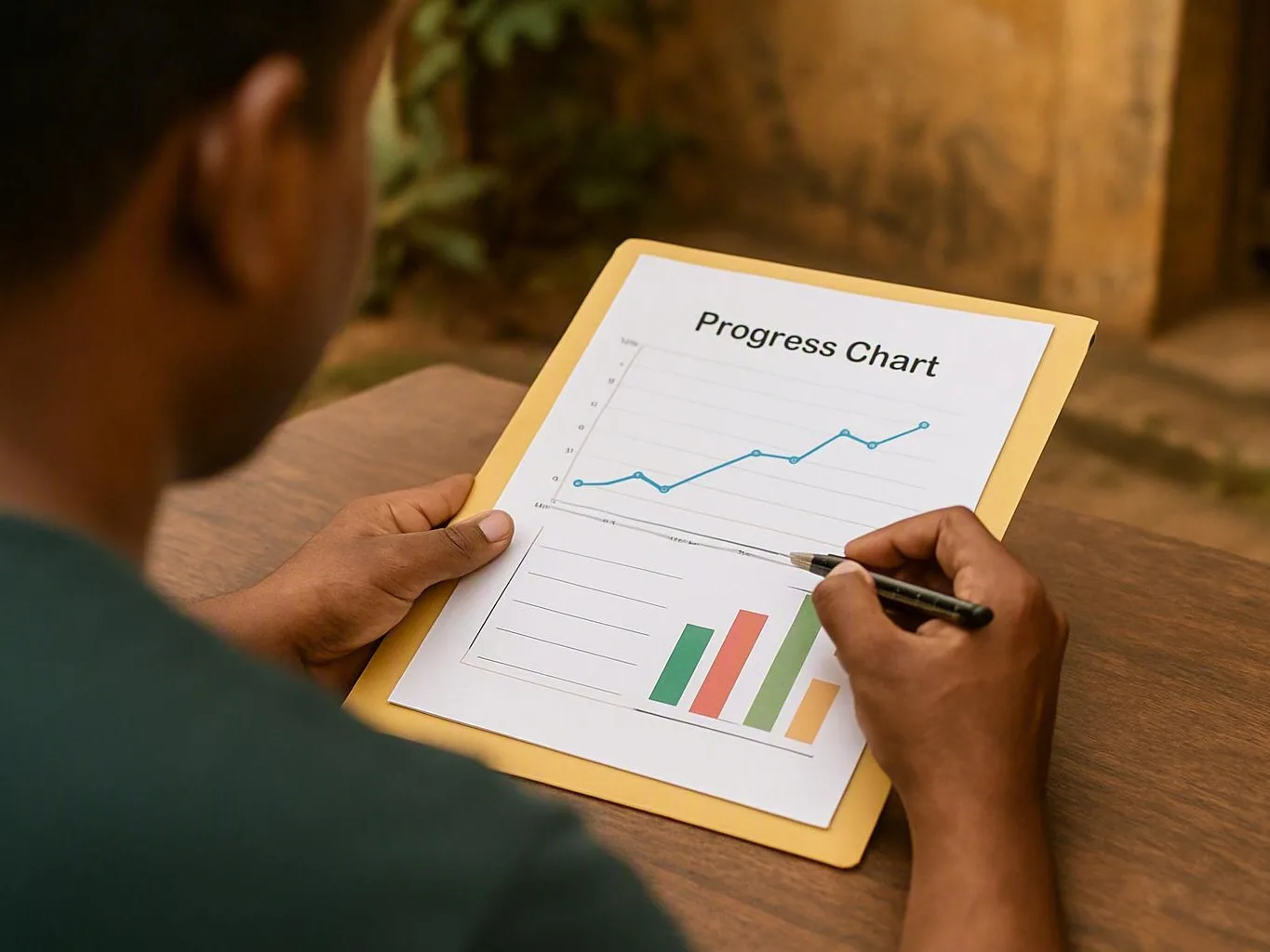 Person records progress on a chart with a rising line graph and colored bars at a wooden table