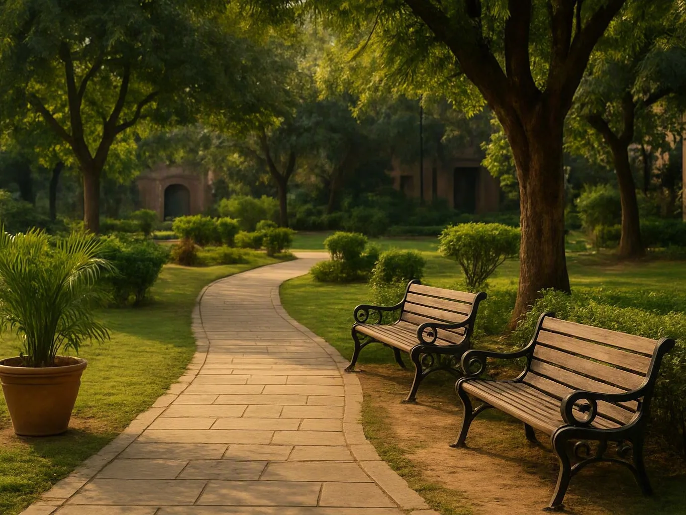 Curving stone path through a sunny park with benches, trees, shrubs, and a