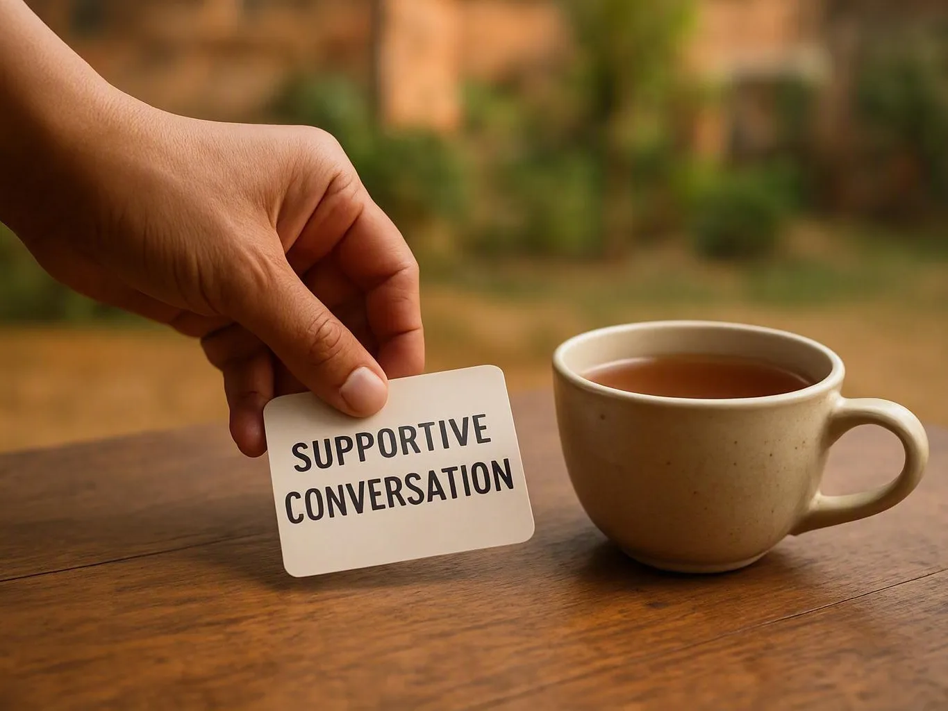Hand placing a supportive conversation card beside tea on a wooden table