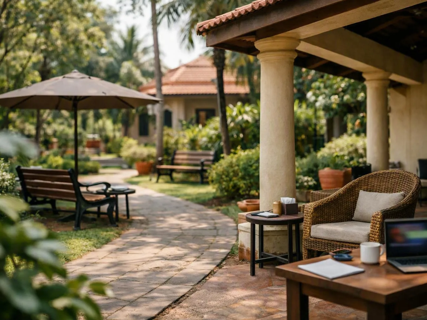 Sunny garden patio with wicker seating, umbrellas, stone path, and tiled-roof