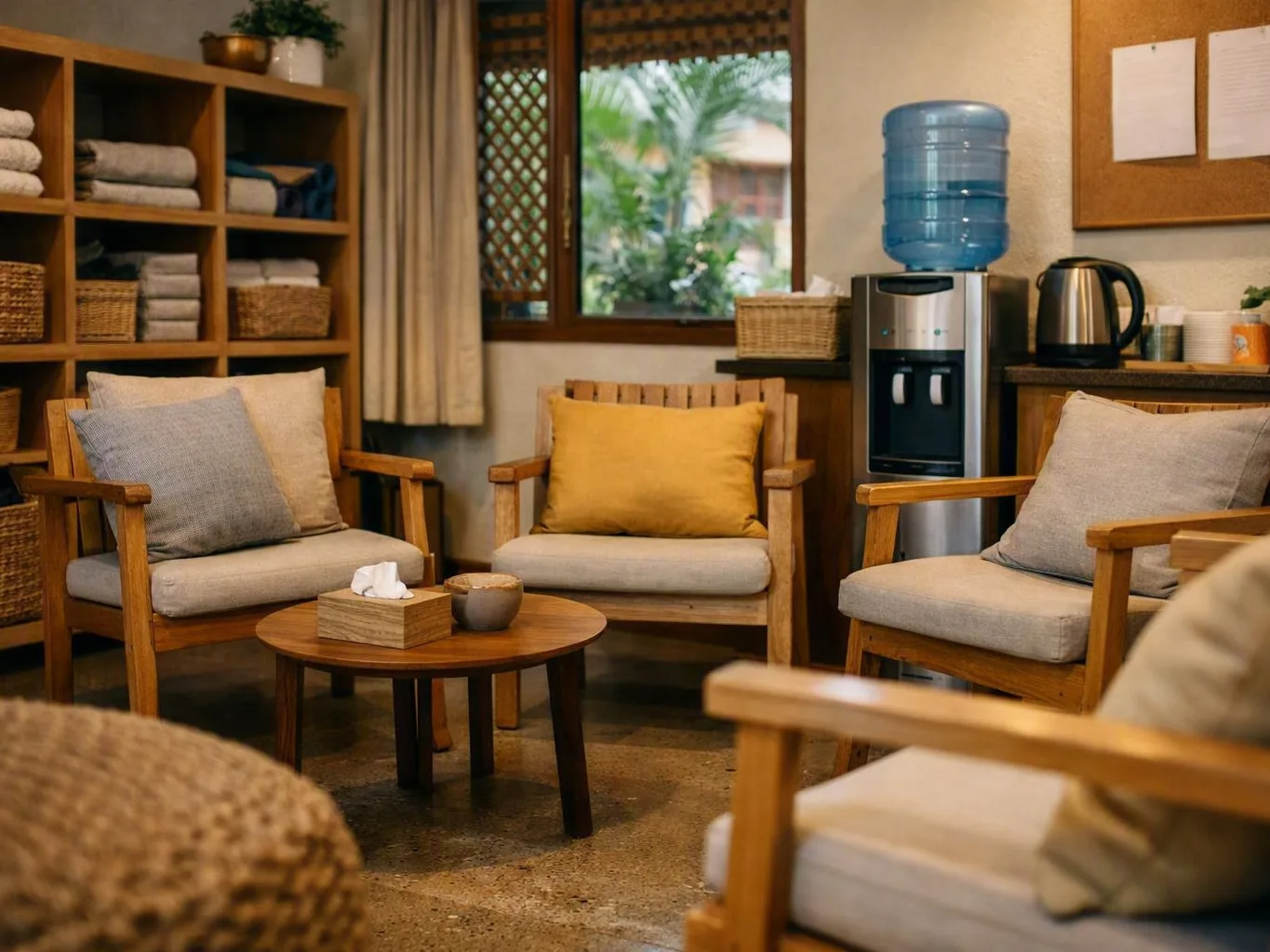 Cozy lounge with wooden armchairs, towel shelves, round table, and water cooler