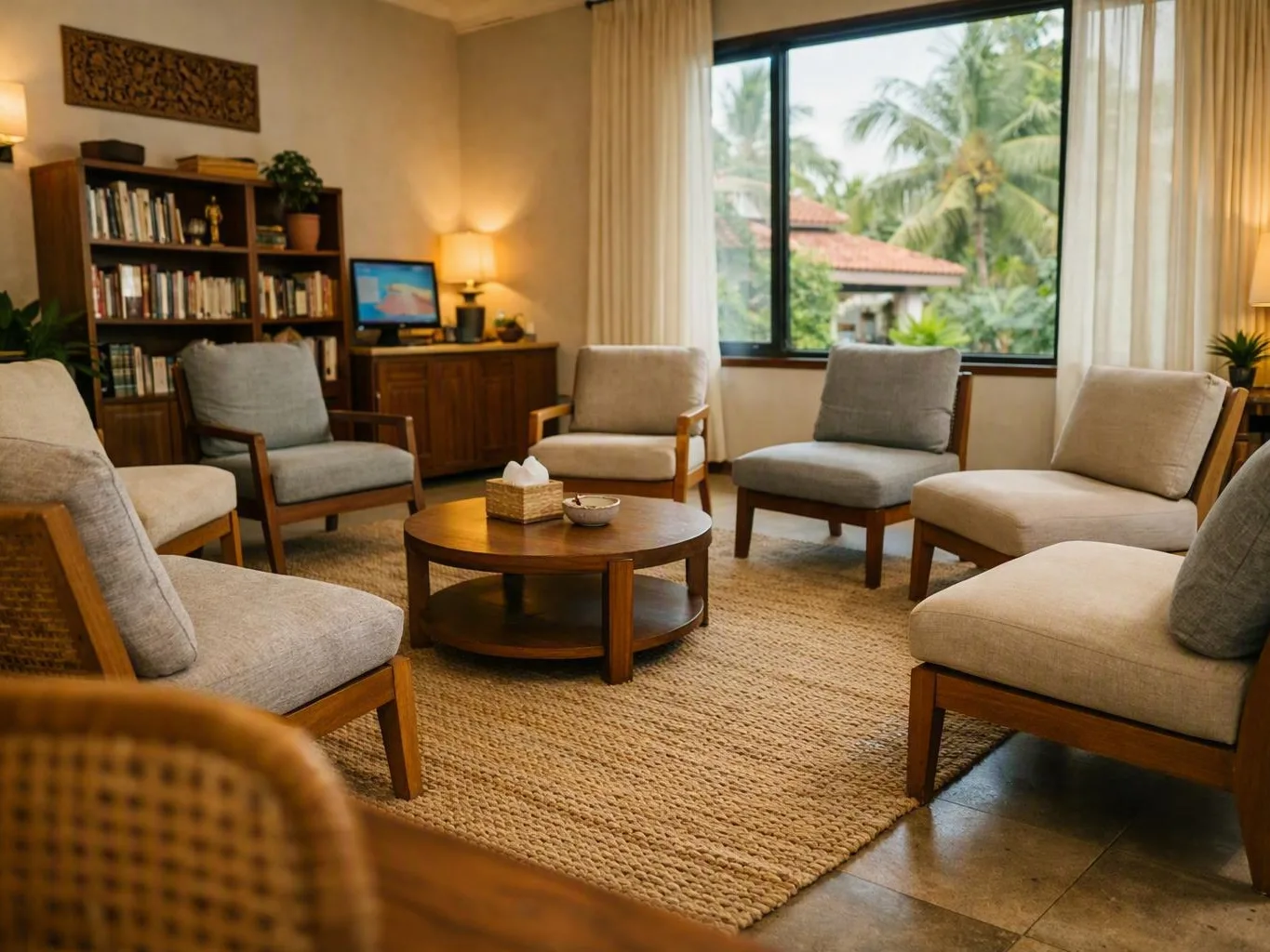 Cozy living room with cushioned chairs, bookshelves, and a window overlooking