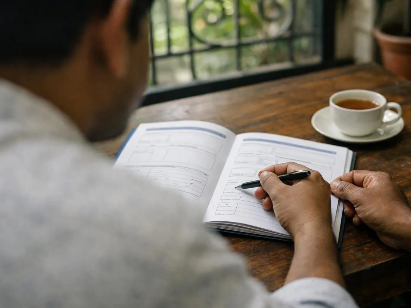 Person writing in an open notebook beside a cup of tea on a wooden table
