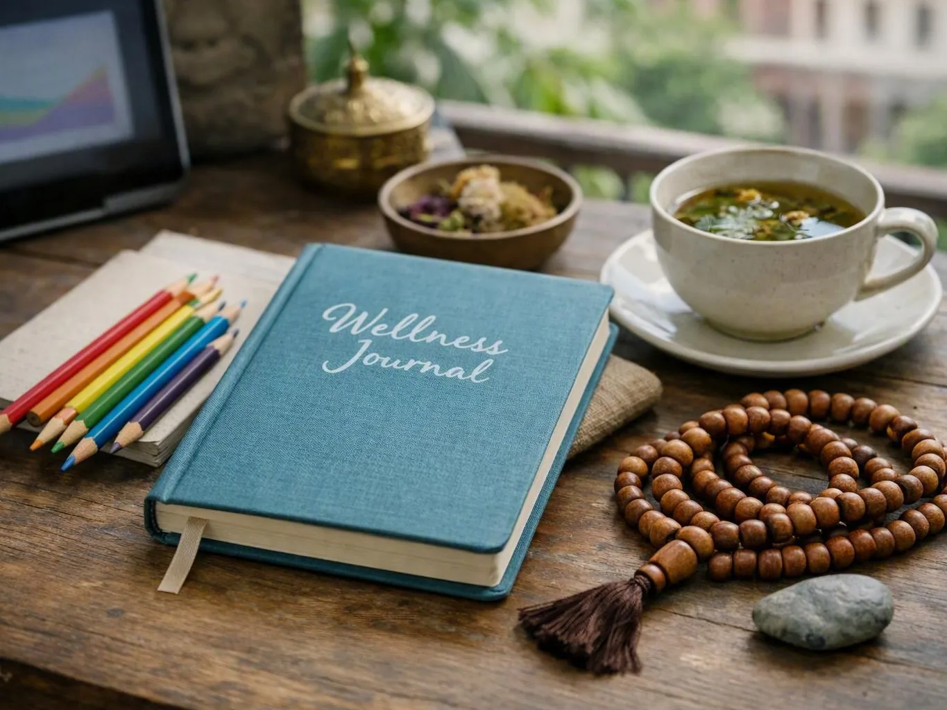 Wellness journal, colored pencils, tea cup, and prayer beads arranged on a