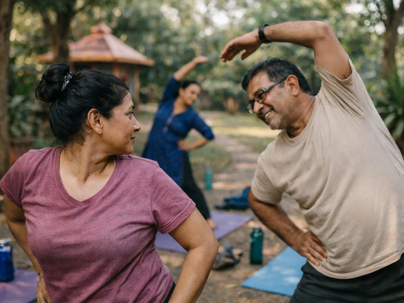 Three adults practicing stretches on yoga mats in a shaded park