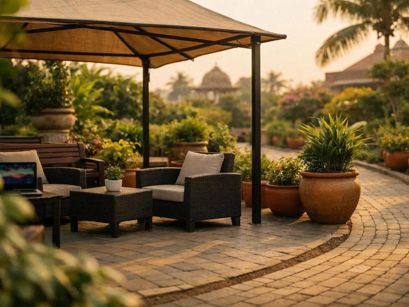 Shaded patio with wicker chairs, potted plants, and a small table in a lush