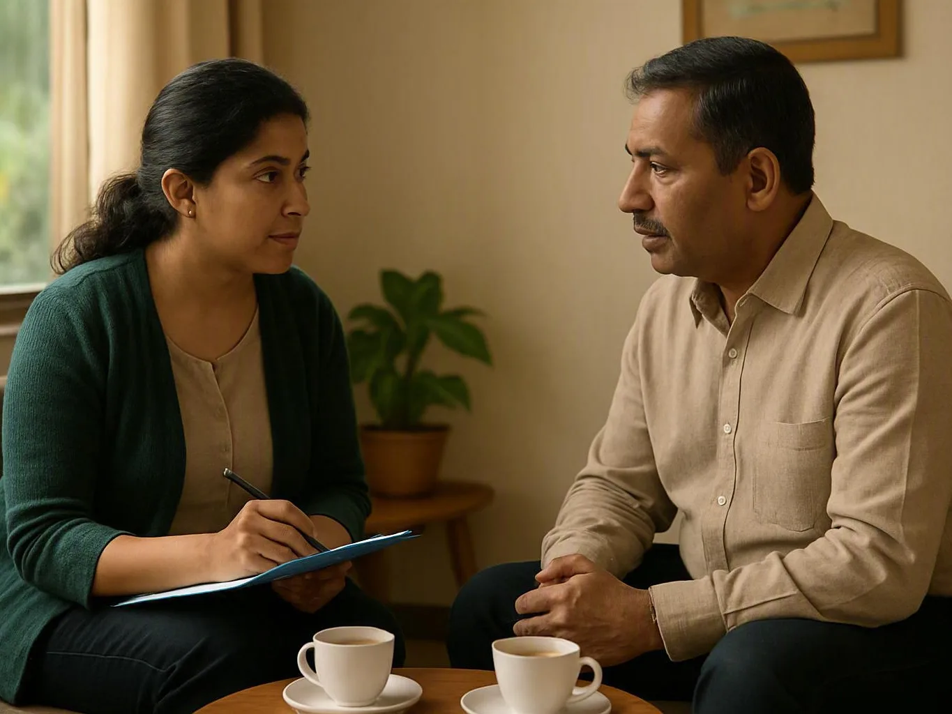 Family meeting with a counsellor in a quiet setting