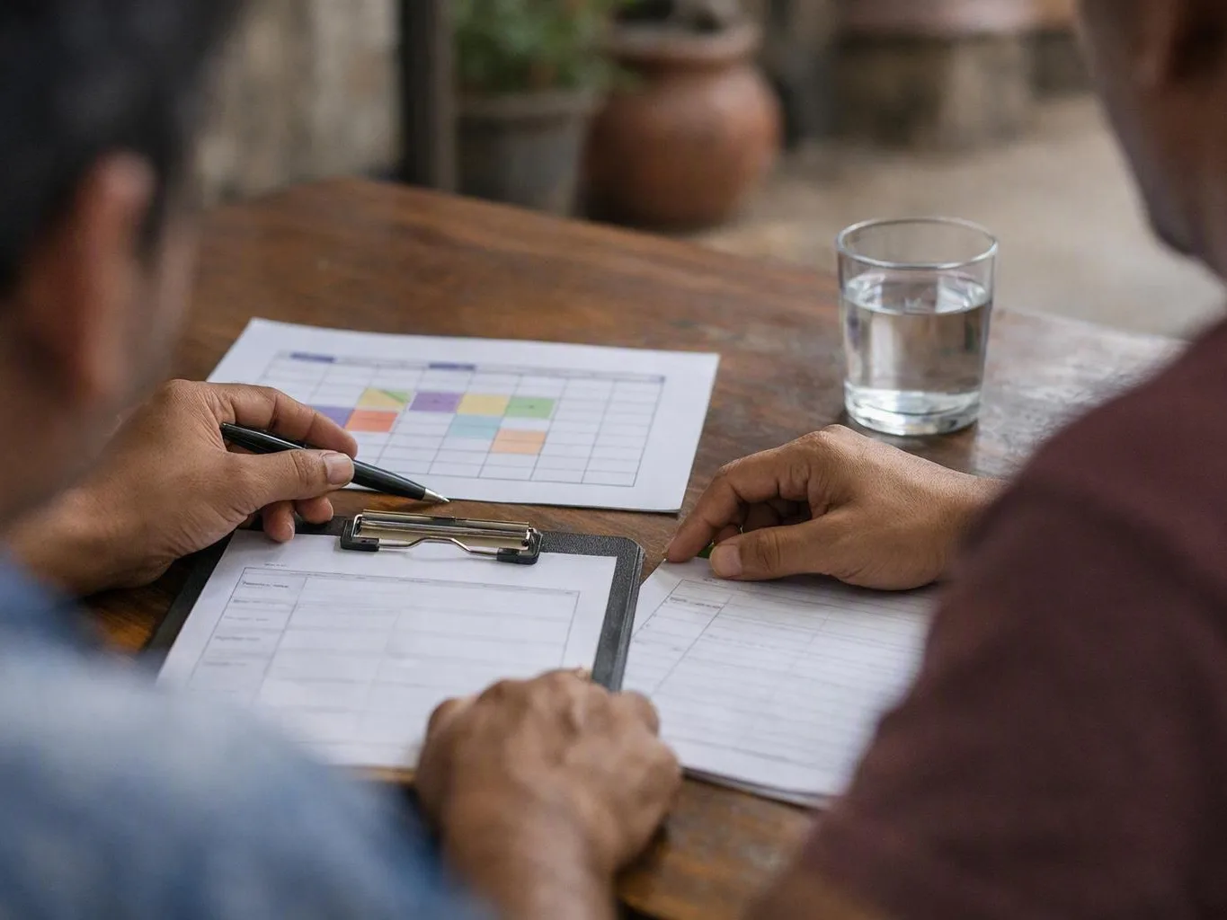 Adult writing in a recovery journal beside a counsellor