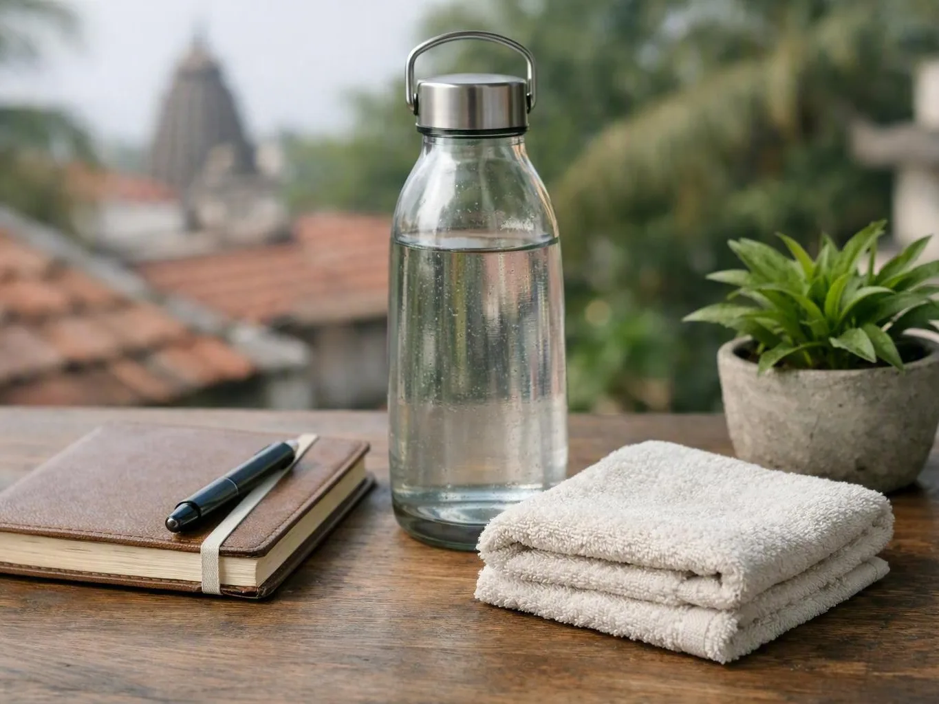 Glass water bottle, folded towels, notebook, and potted plant on an outdoor