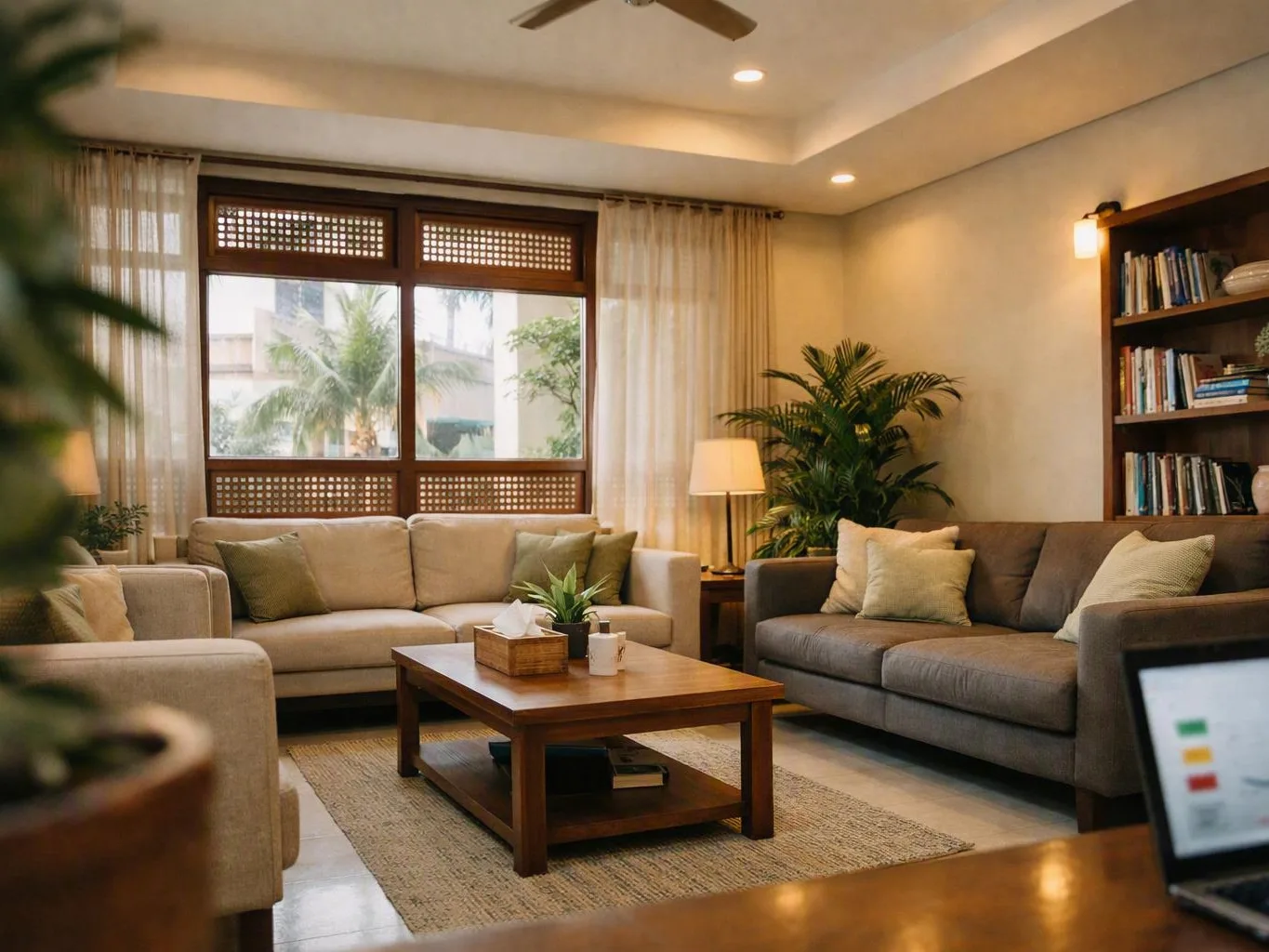 Cozy living room with sofas, coffee table, bookshelf, and large curtained