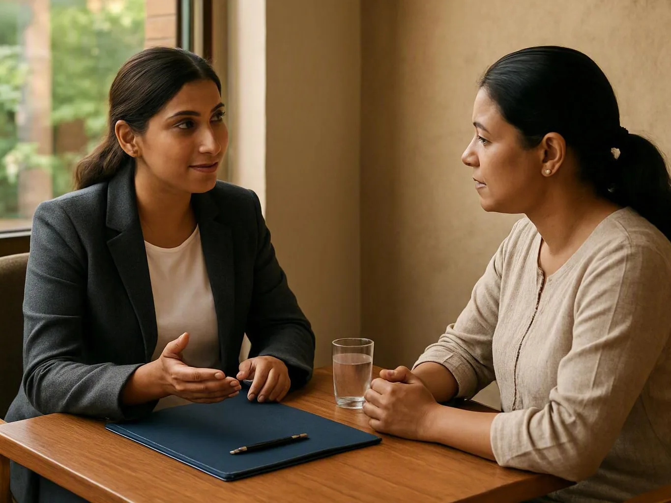 Two women discuss relapse prevention across a table with a folder, pen, and glass of water